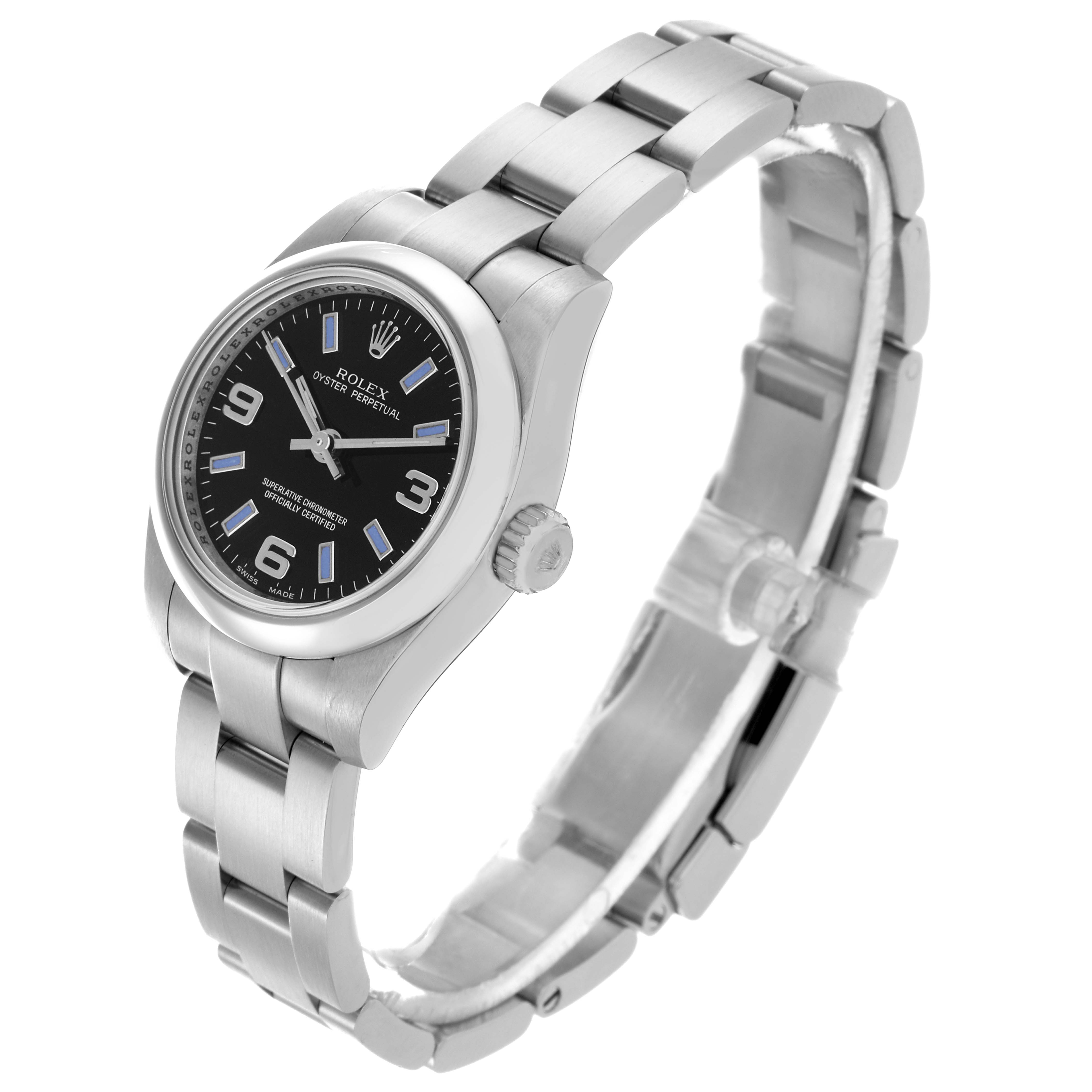 The Rolex Oyster Perpetual 176200 Women's Stainless Steel Black Dial 176200 Women's Stainless Steel Black Dial watch is shown from a side angle, highlighting the dial, case, crown, and bracelet.