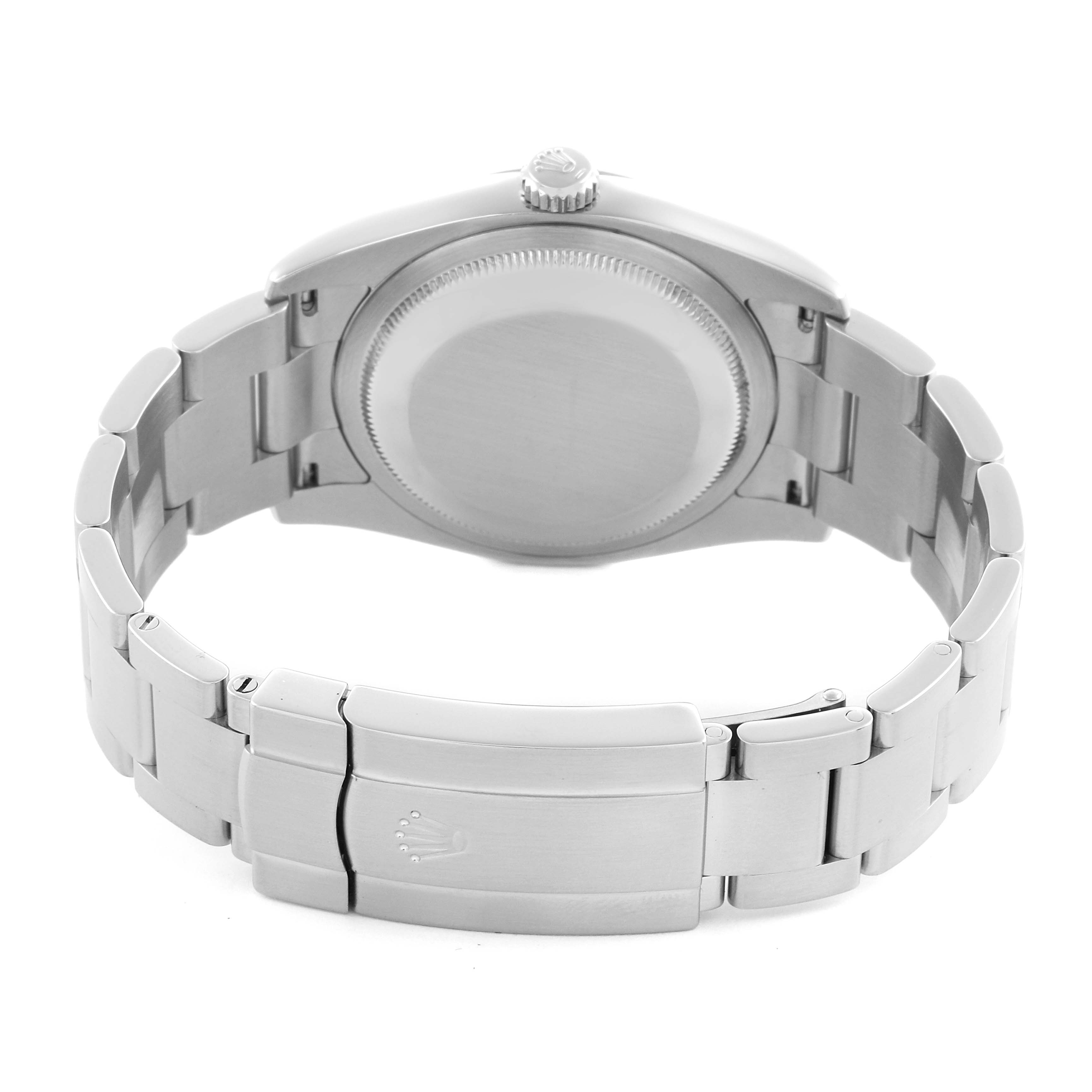 The Rolex Oyster Perpetual 116000 Men's Stainless Steel Black Dial 116000 Men's Stainless Steel Black Dial watch is shown from the back, highlighting the case back and bracelet clasp.