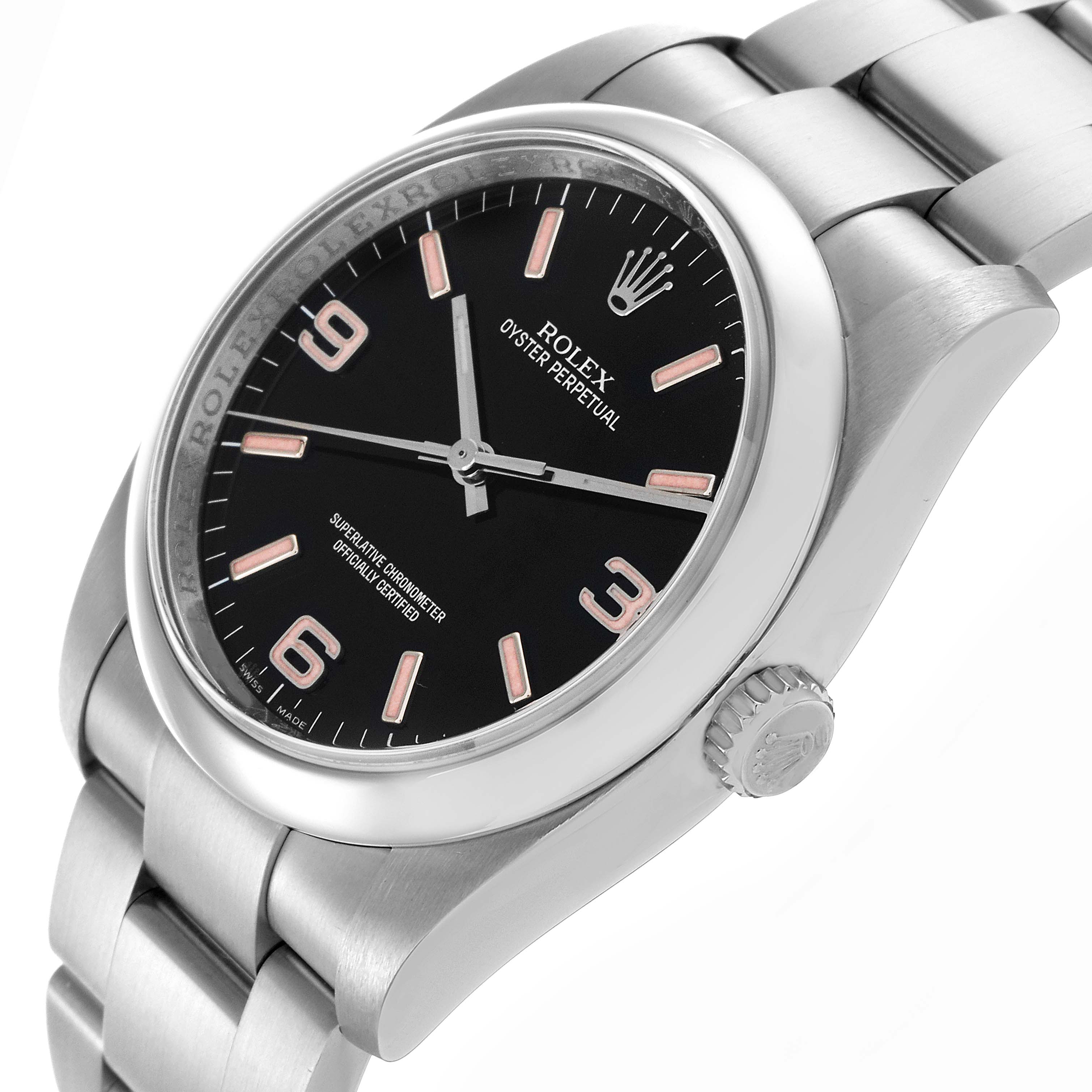 The Rolex Oyster Perpetual 116000 Men's Stainless Steel Black Dial 116000 Men's Stainless Steel Black Dial watch is shown at an angle highlighting the dial, bezel, crown, and part of the bracelet.