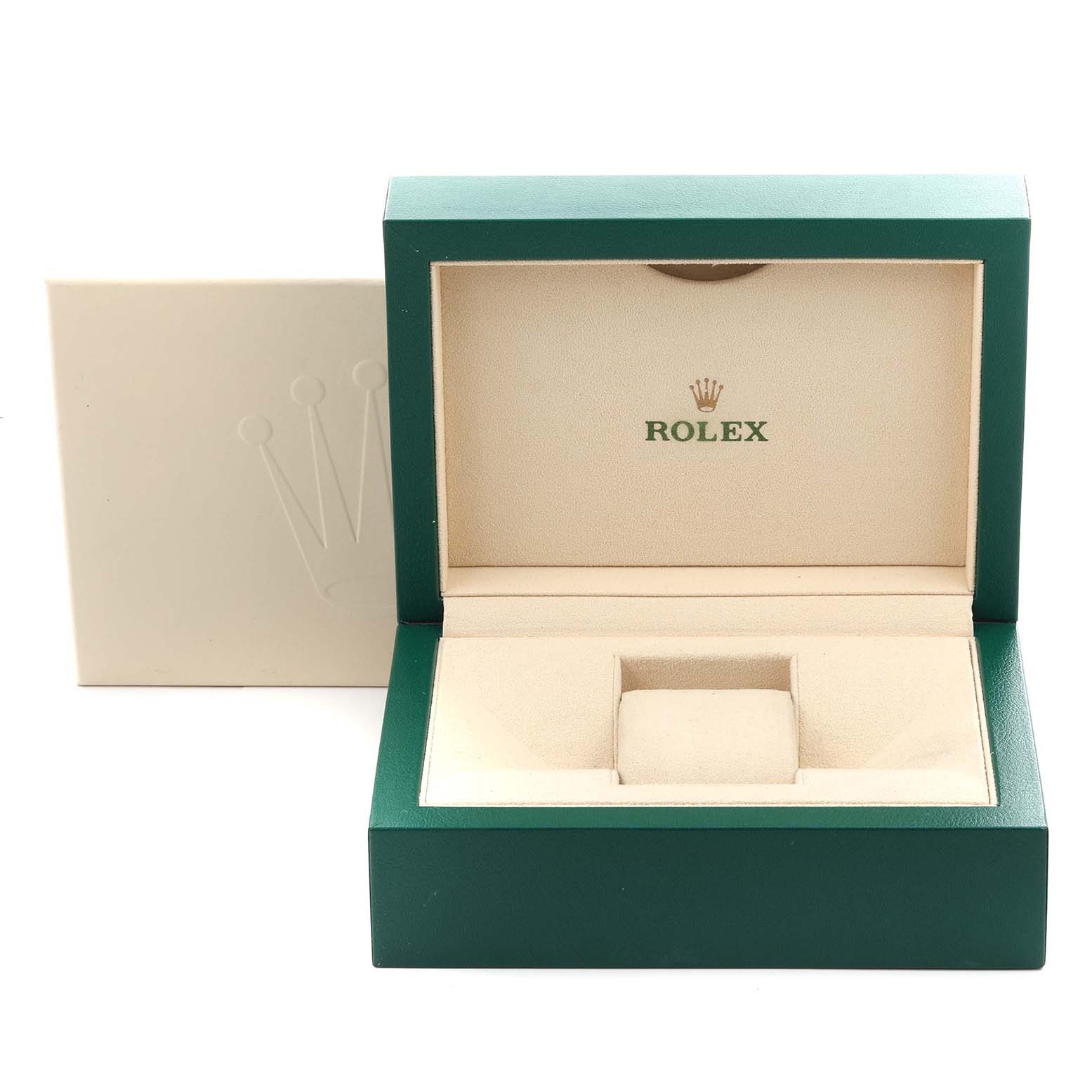 The image shows an open Rolex Oyster Perpetual 116000 Men's Stainless Steel Black Dial 116000 Men's Stainless Steel Black Dial watch box from the front, featuring the logo inside.