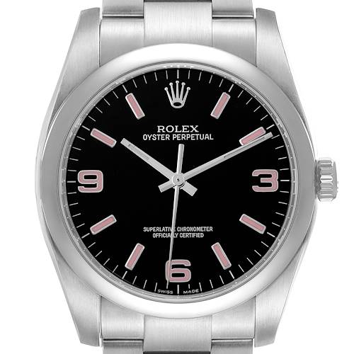 The Rolex Oyster Perpetual watch is shown from a frontal angle, displaying the dial, bezel, crown, and part of the bracelet.