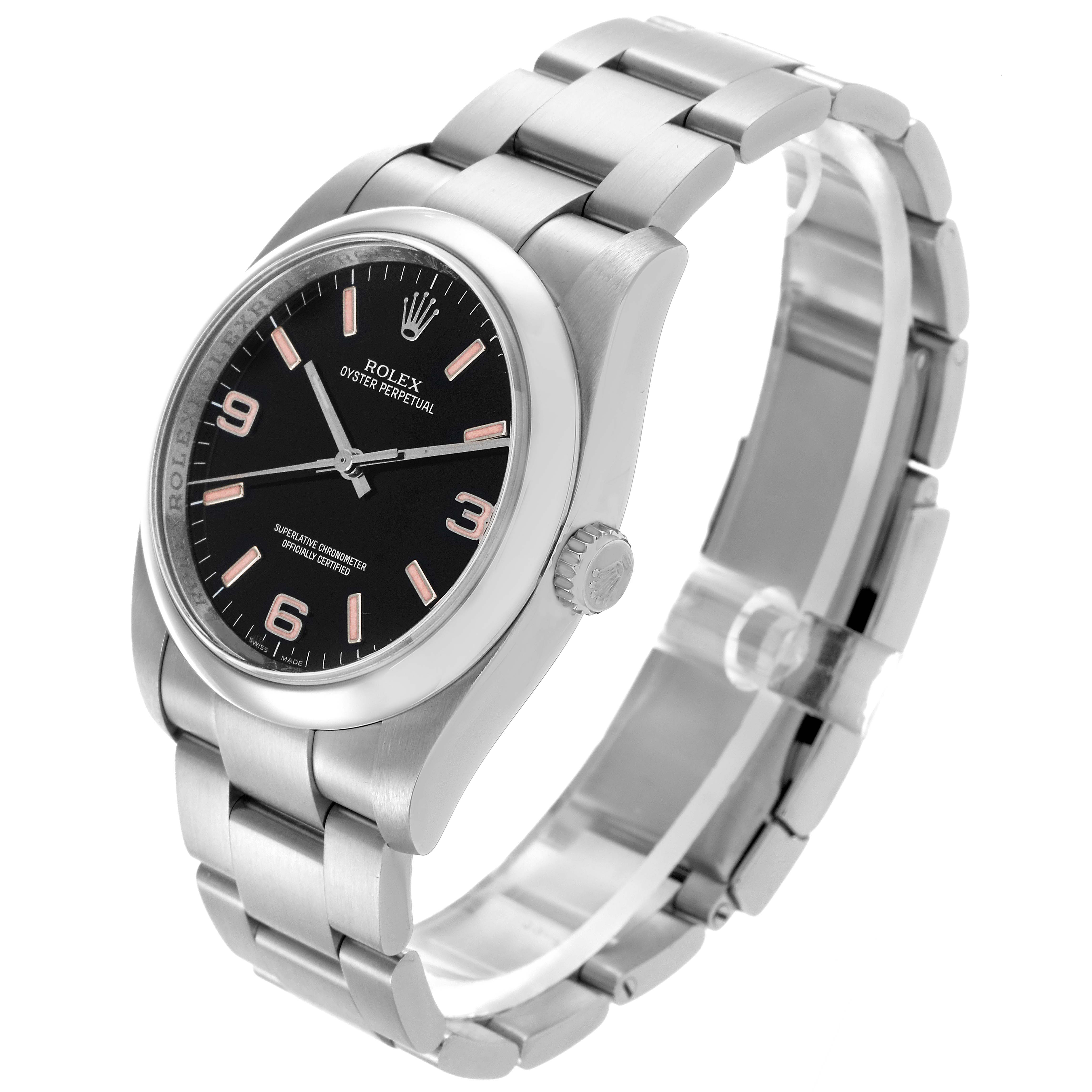 The Rolex Oyster Perpetual 116000 Men's Stainless Steel Black Dial 116000 Men's Stainless Steel Black Dial watch is shown at a slight side angle, displaying the face, bezel, crown, and part of the bracelet.