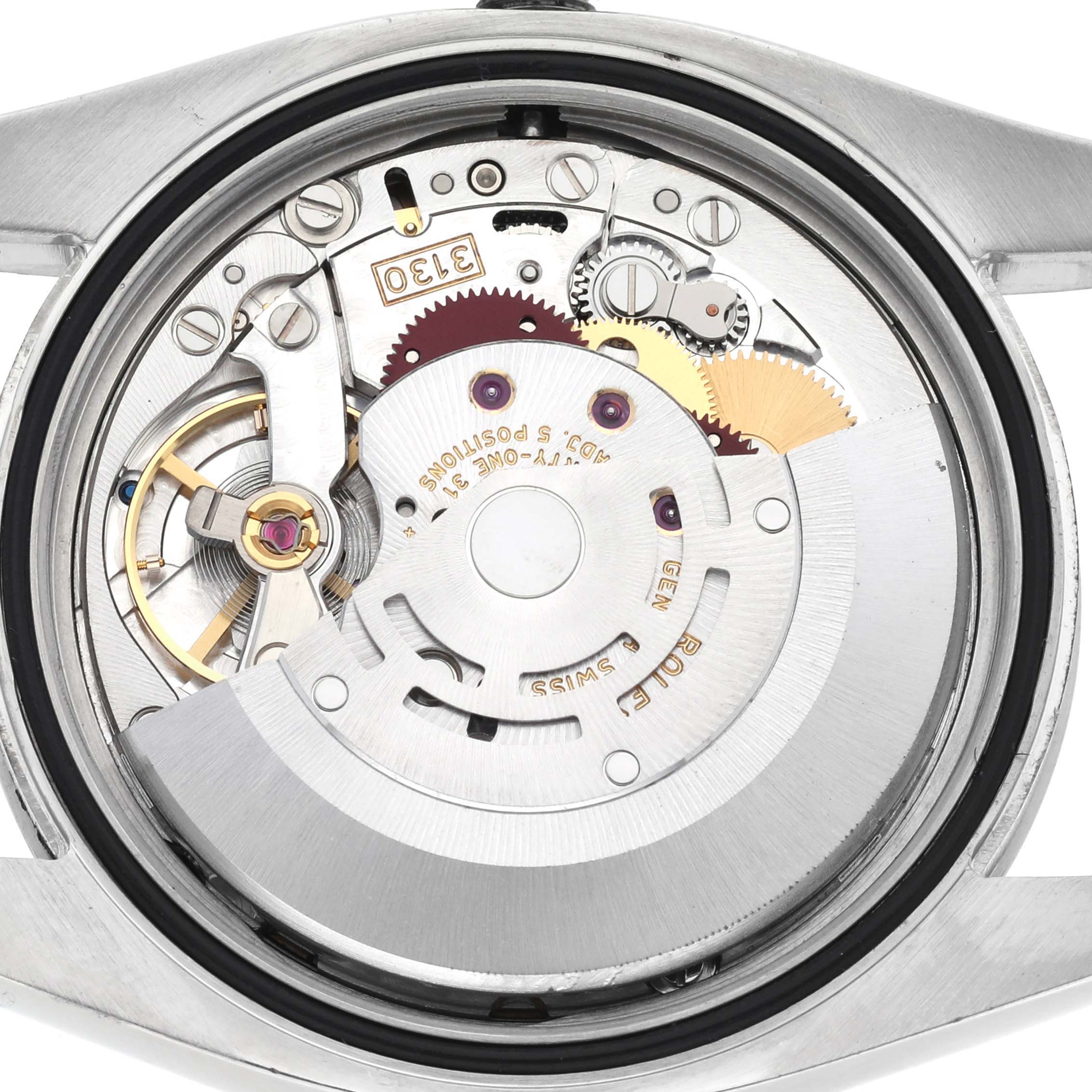 The image shows the internal mechanism of a Rolex Oyster Perpetual 116000 Men's Stainless Steel Black Dial 116000 Men's Stainless Steel Black Dial watch from a rear angle, highlighting gears and the rotor.