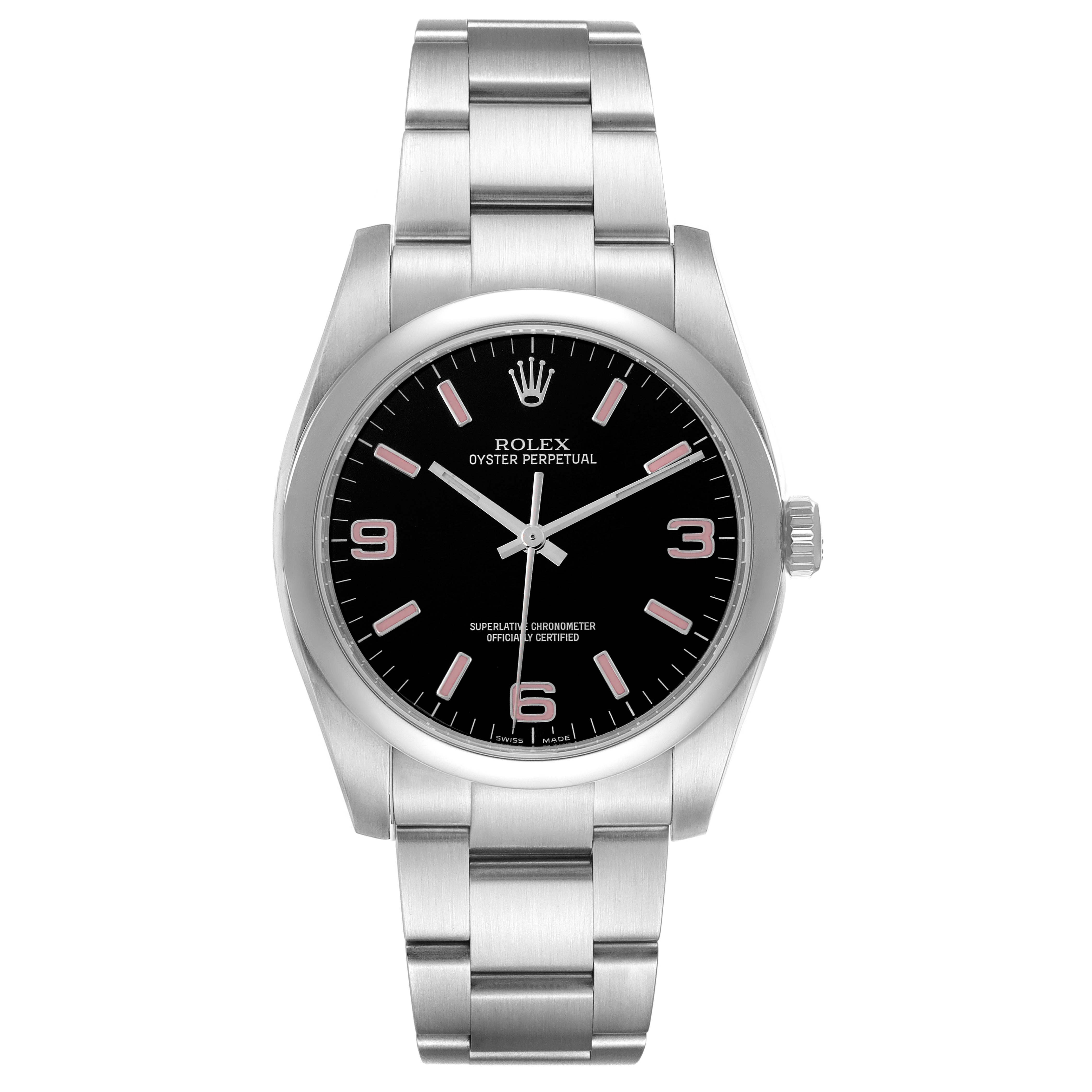 The Rolex Oyster Perpetual 116000 Men's Stainless Steel Black Dial 116000 Men's Stainless Steel Black Dial watch is shown from the front, displaying its black dial, indices, and stainless steel bracelet.