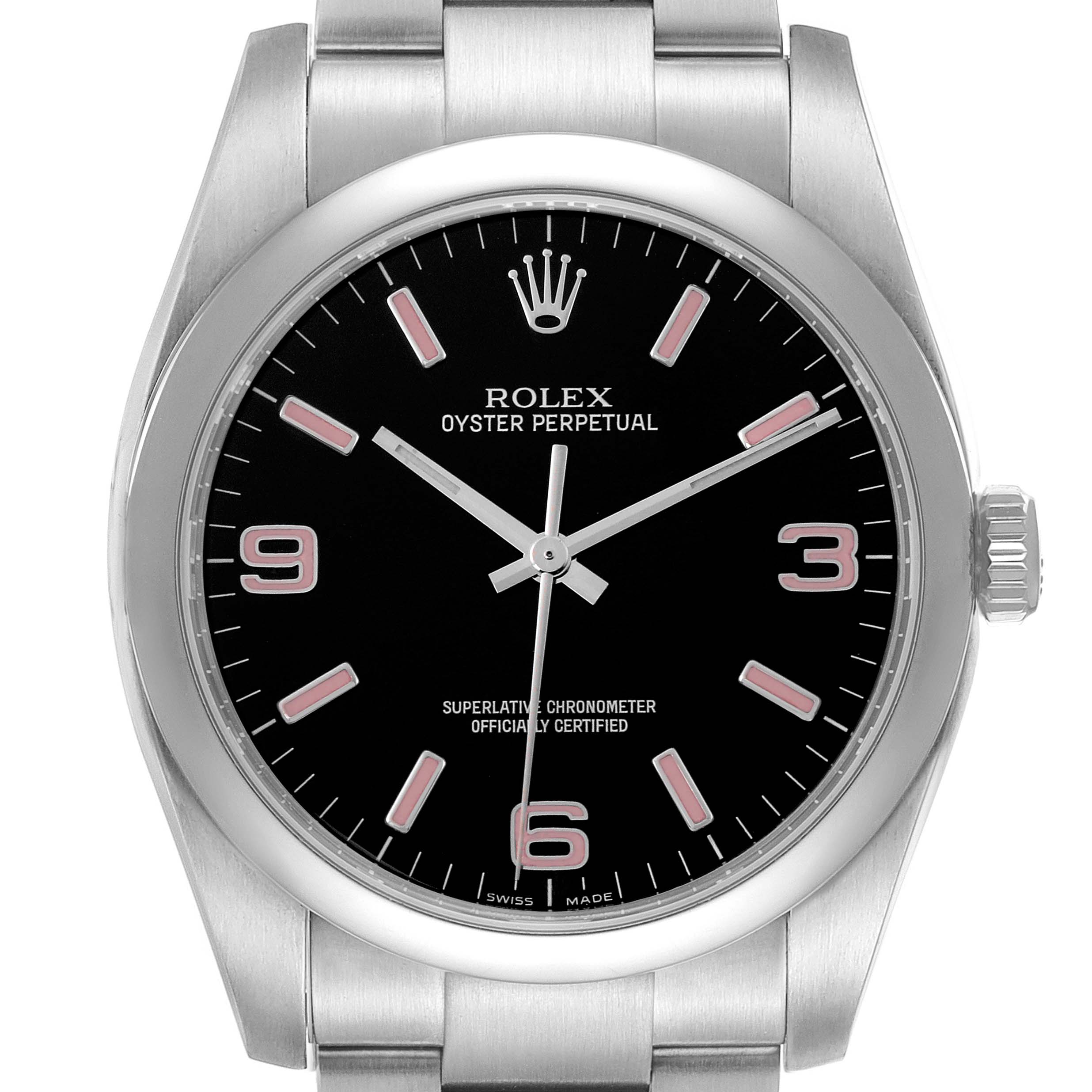 The Rolex Oyster Perpetual 116000 Men's Stainless Steel Black Dial 116000 Men's Stainless Steel Black Dial watch is shown from a front angle, displaying the dial, bezel, and part of the bracelet.