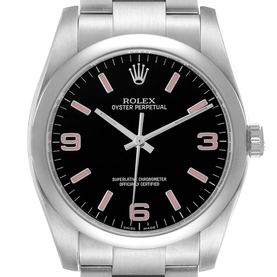 The Rolex Oyster Perpetual watch is shown from a front angle, displaying the dial, bezel, and part of the bracelet.