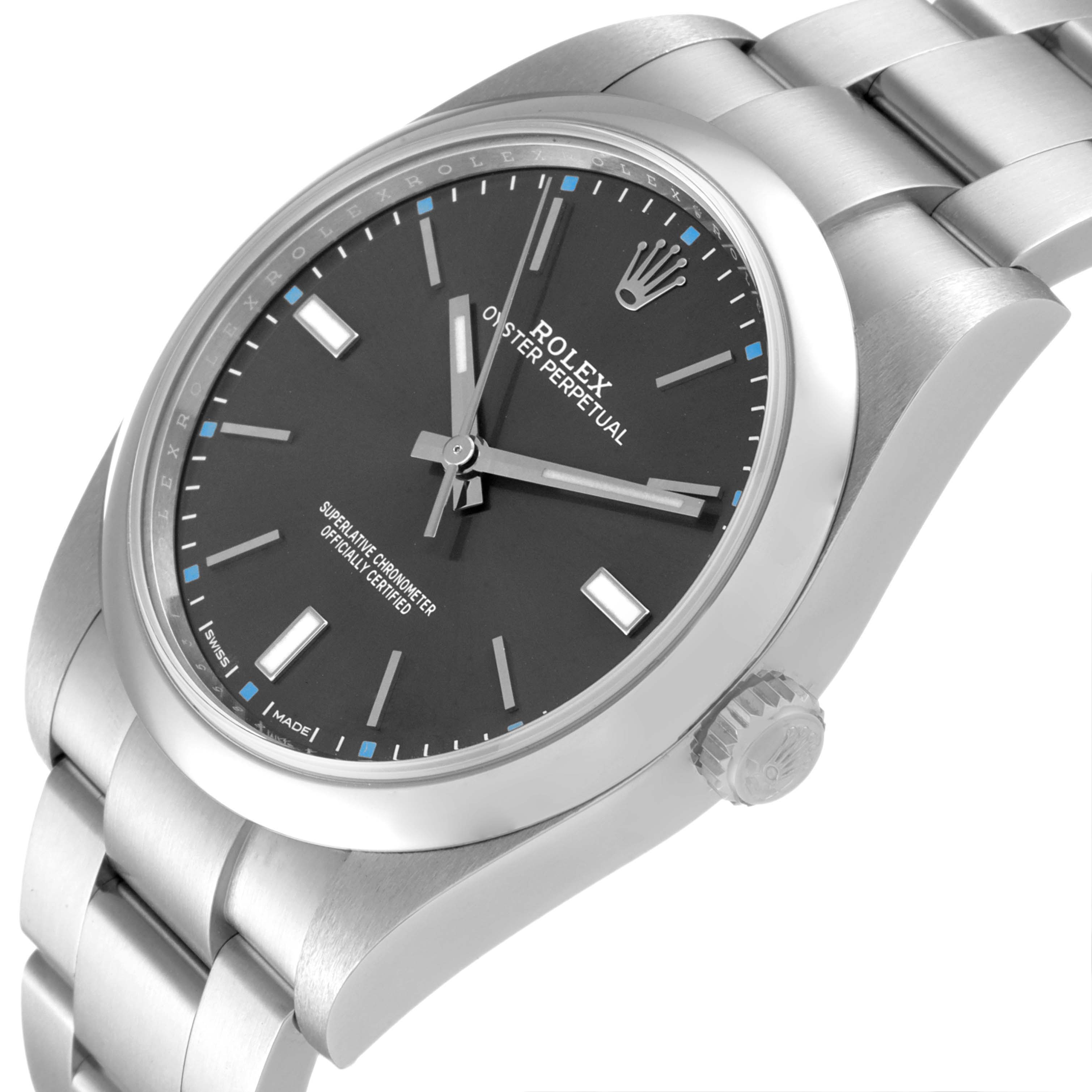 This image shows a close-up, angled view of the Rolex Oyster Perpetual 114300 Men's Stainless Steel Grey Dial 114300 Men's Stainless Steel Grey Dial watch, highlighting the face, crown, and part of the bracelet.