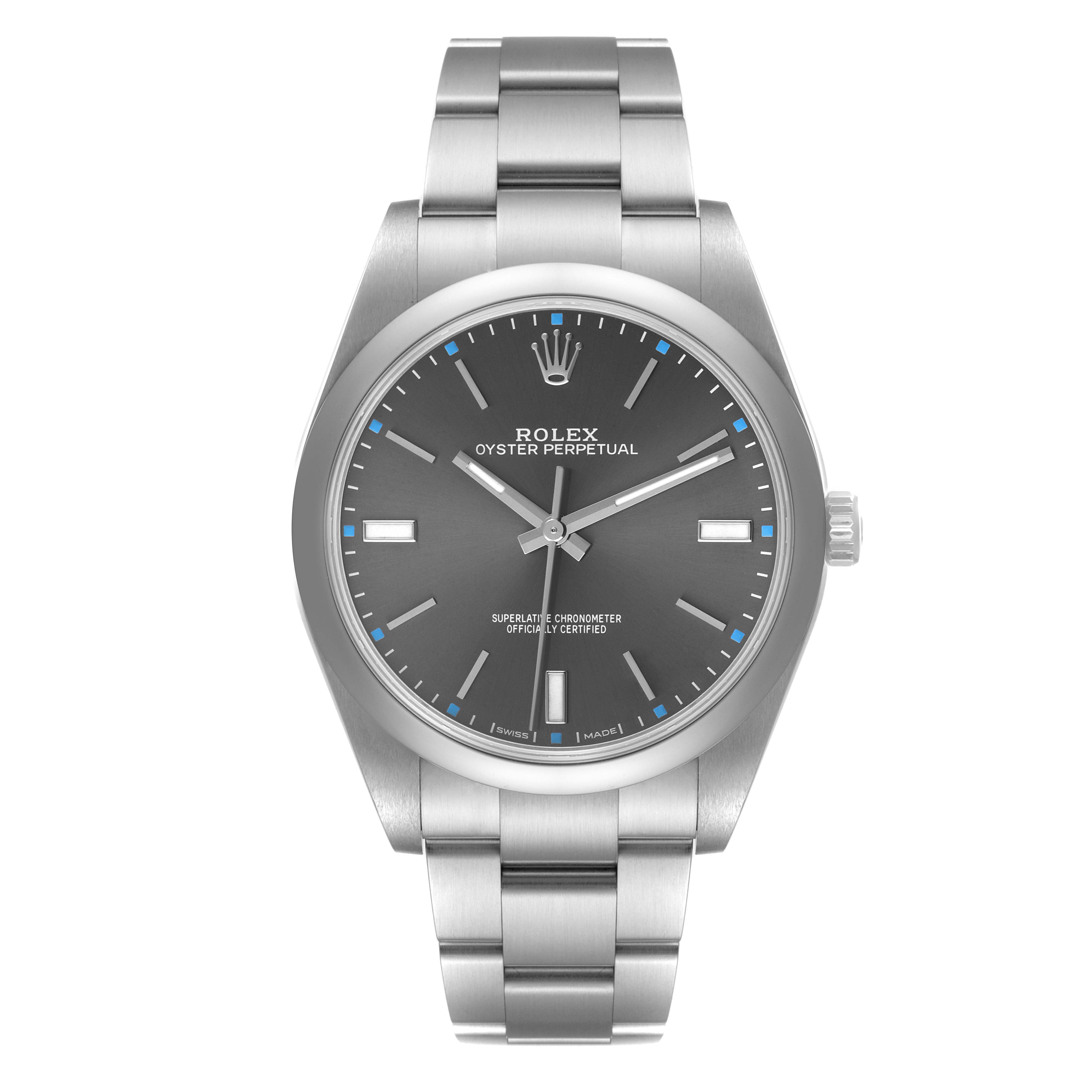 The Rolex Oyster Perpetual 114300 Men's Stainless Steel Grey Dial 114300 Men's Stainless Steel Grey Dial watch is shown from a front angle, displaying the face, bezel, case, and bracelet.