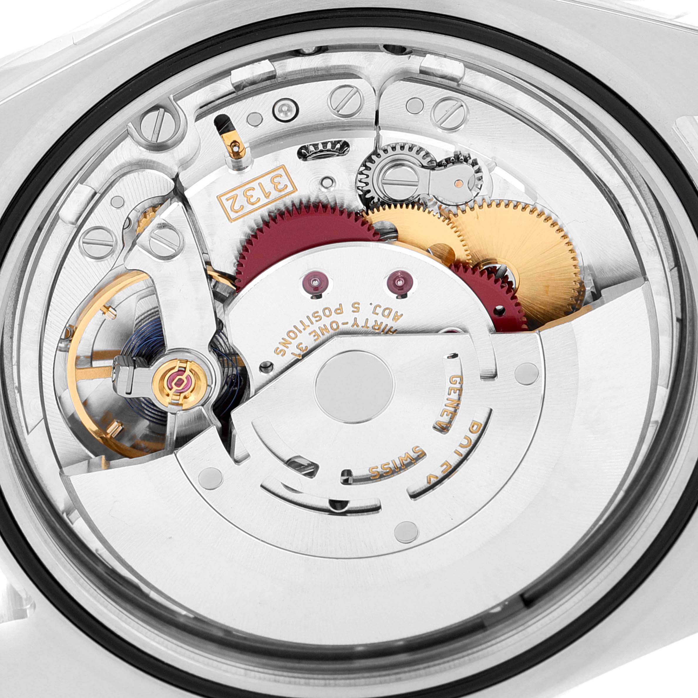 The image shows the inner mechanism of the Rolex Oyster Perpetual 114300 Men's Stainless Steel Grey Dial 114300 Men's Stainless Steel Grey Dial watch from a back view, highlighting gears and other components.