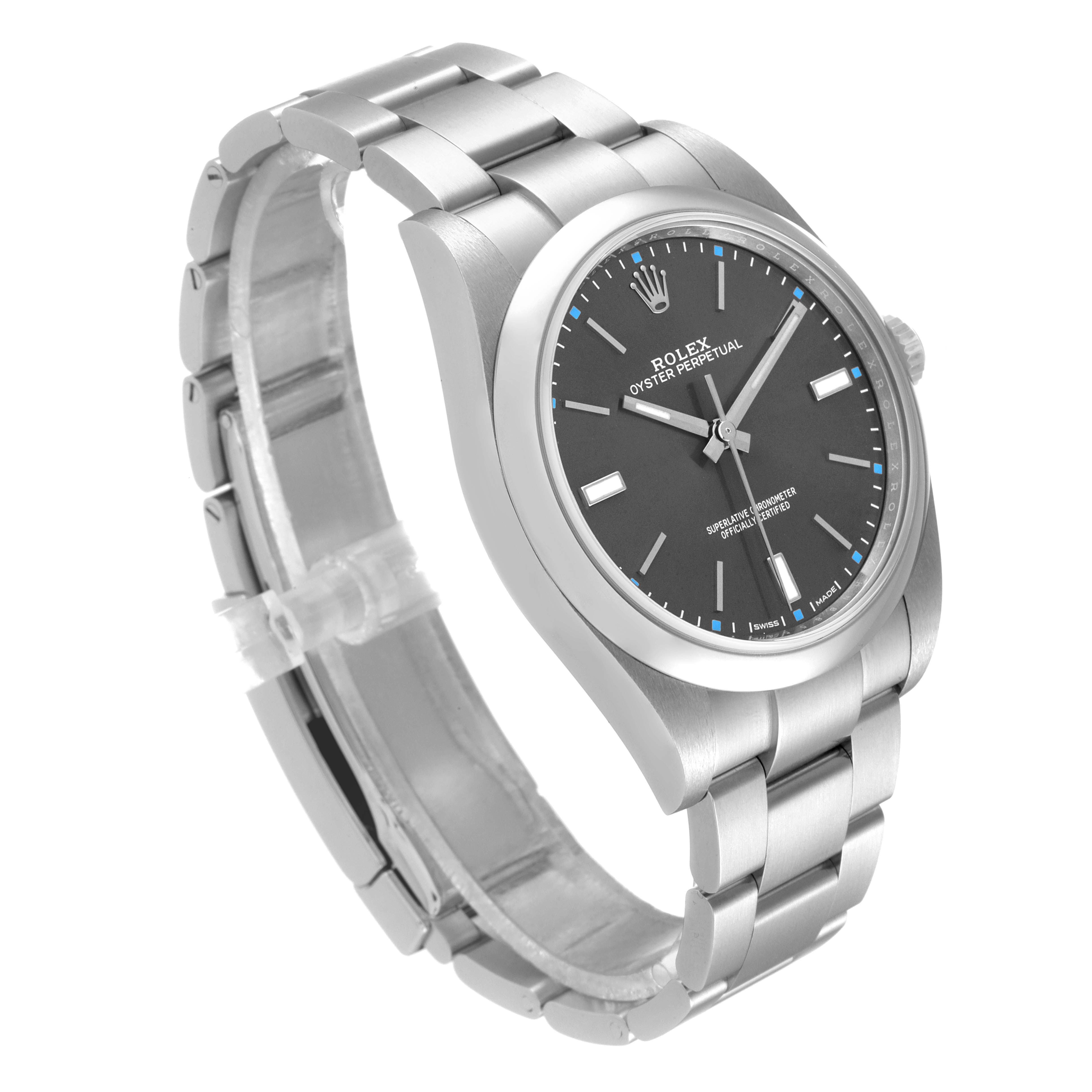 This image shows a Rolex Oyster Perpetual 114300 Men's Stainless Steel Grey Dial 114300 Men's Stainless Steel Grey Dial watch at a three-quarter angle, highlighting the face, bezel, and bracelet.