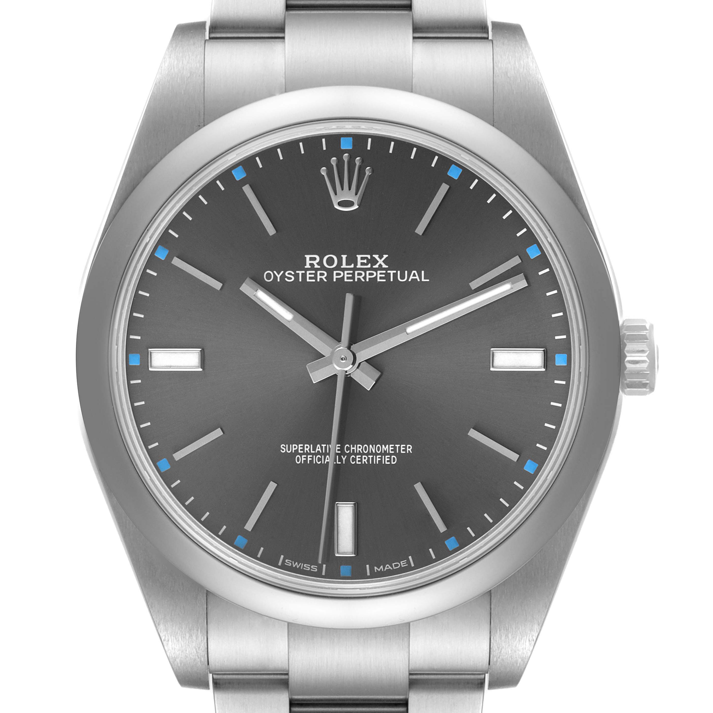 The Rolex Oyster Perpetual 114300 Men's Stainless Steel Grey Dial 114300 Men's Stainless Steel Grey Dial watch is shown from a front angle, highlighting its dial, hands, markers, case, and part of the bracelet.