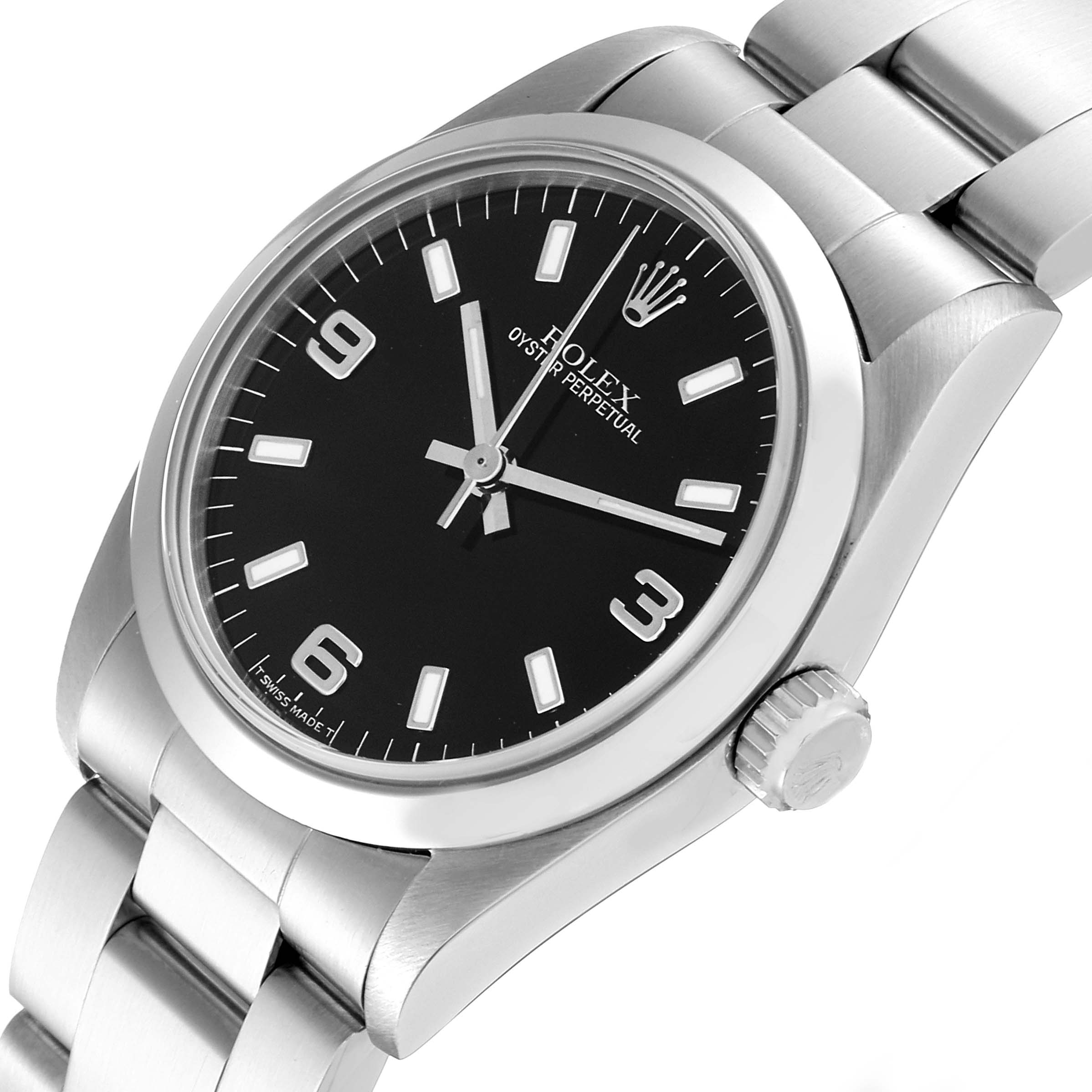 The Rolex Mid-Size 67480 Women's Stainless Steel Black Dial 67480 Women's Stainless Steel Black Dial watch is angled slightly from above, showing the face, dial, crown, and part of the stainless steel bracelet.