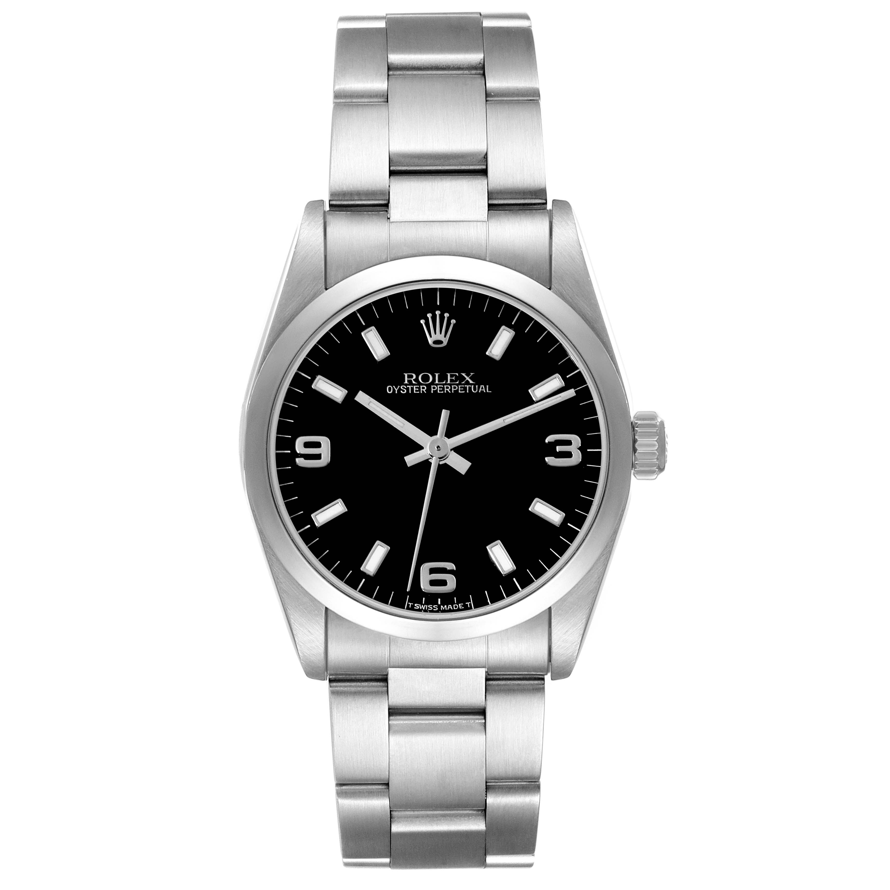 The Rolex Mid-Size 67480 Women's Stainless Steel Black Dial 67480 Women's Stainless Steel Black Dial model is shown from a top-down angle, highlighting the watch face, bezel, crown, and bracelet.