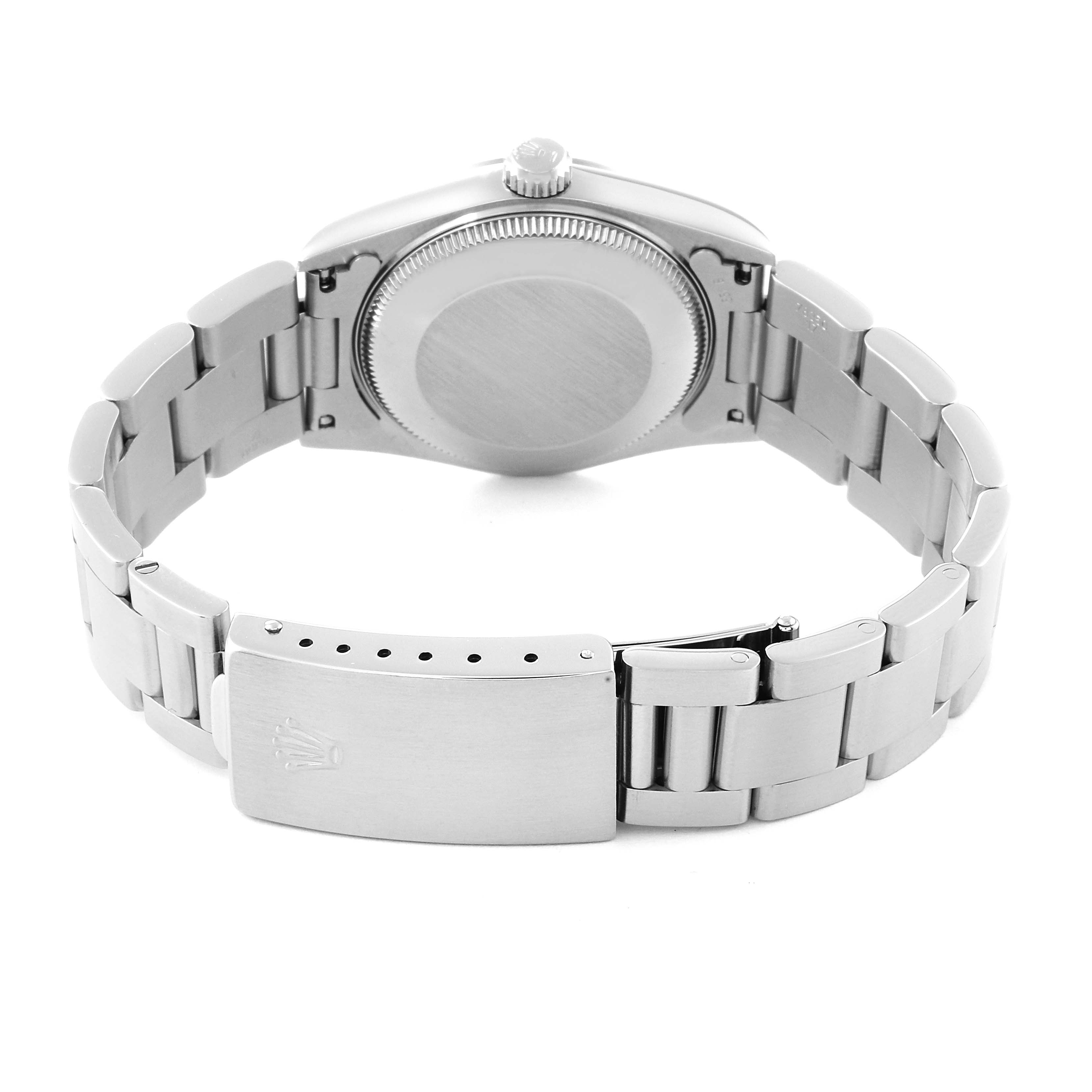 The image shows the Rolex Mid-Size 67480 Women's Stainless Steel Black Dial 67480 Women's Stainless Steel Black Dial watch from a rear angle, highlighting the back case, bracelet, and clasp.