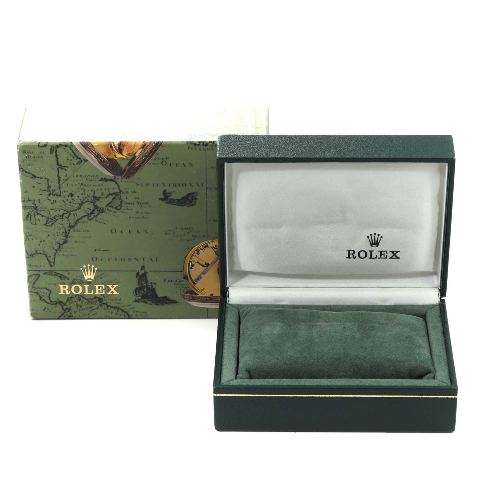 The image shows a Rolex Mid-Size 67480 Women's Stainless Steel Black Dial 67480 Women's Stainless Steel Black Dial model watch box, open and empty, with the exterior packaging beside it.