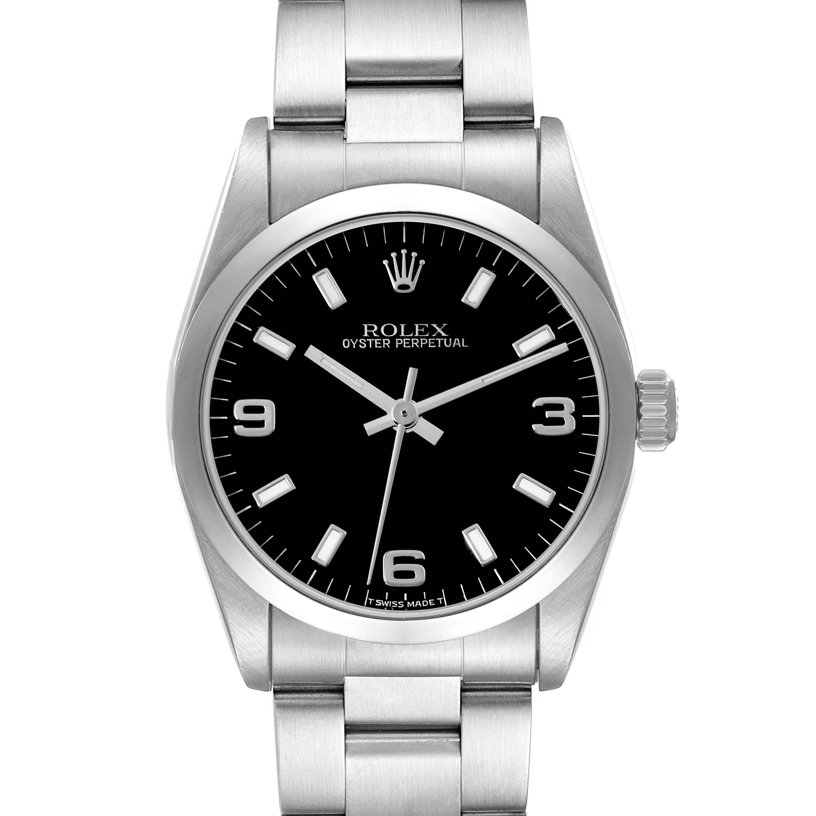 The image shows a front view of a mid-size Rolex Oyster Perpetual watch with a black dial and stainless steel bracelet.