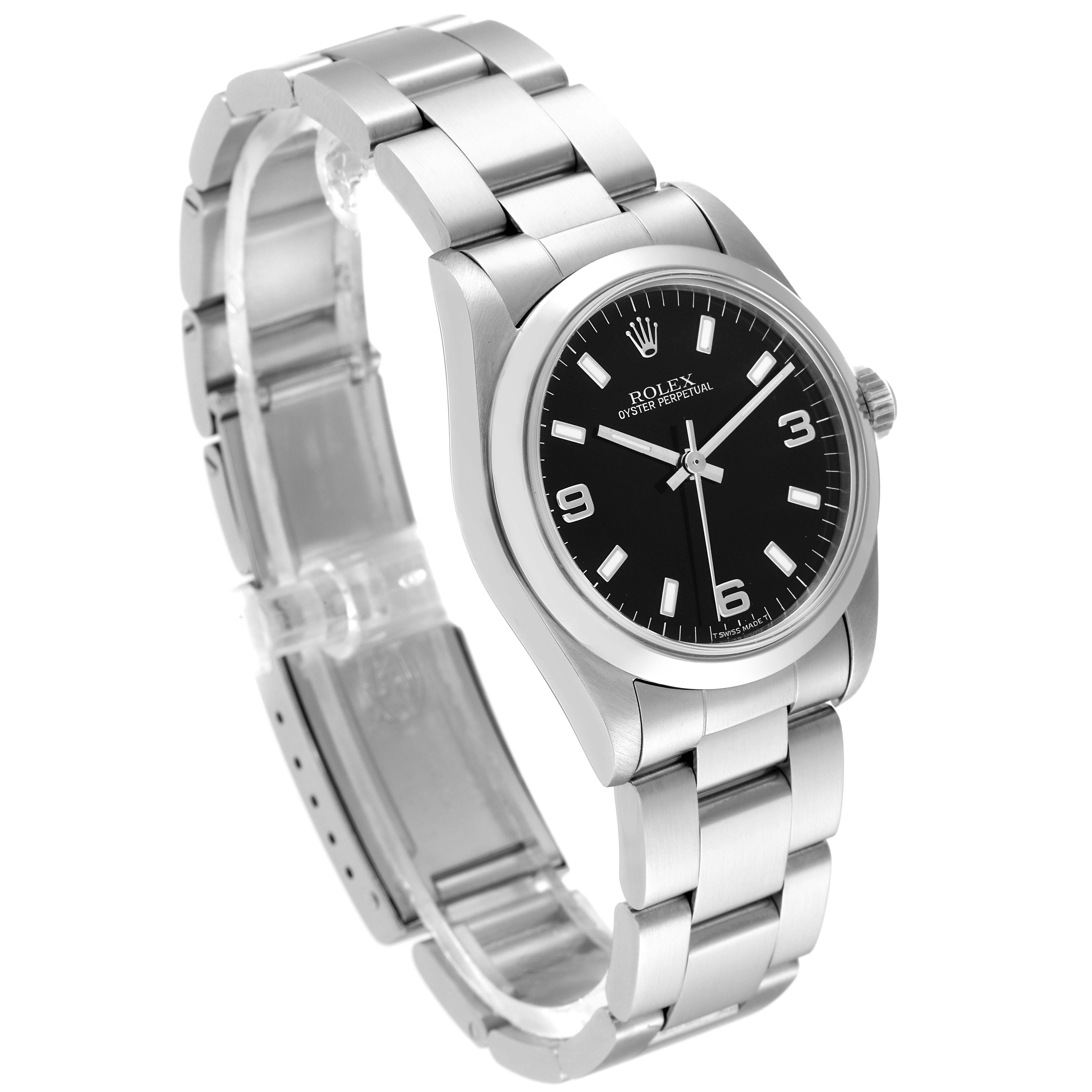 The image shows a side-angle view of a Rolex Mid-Size 67480 Women's Stainless Steel Black Dial 67480 Women's Stainless Steel Black Dial Oyster Perpetual watch, displaying its face, bezel, and metal bracelet.
