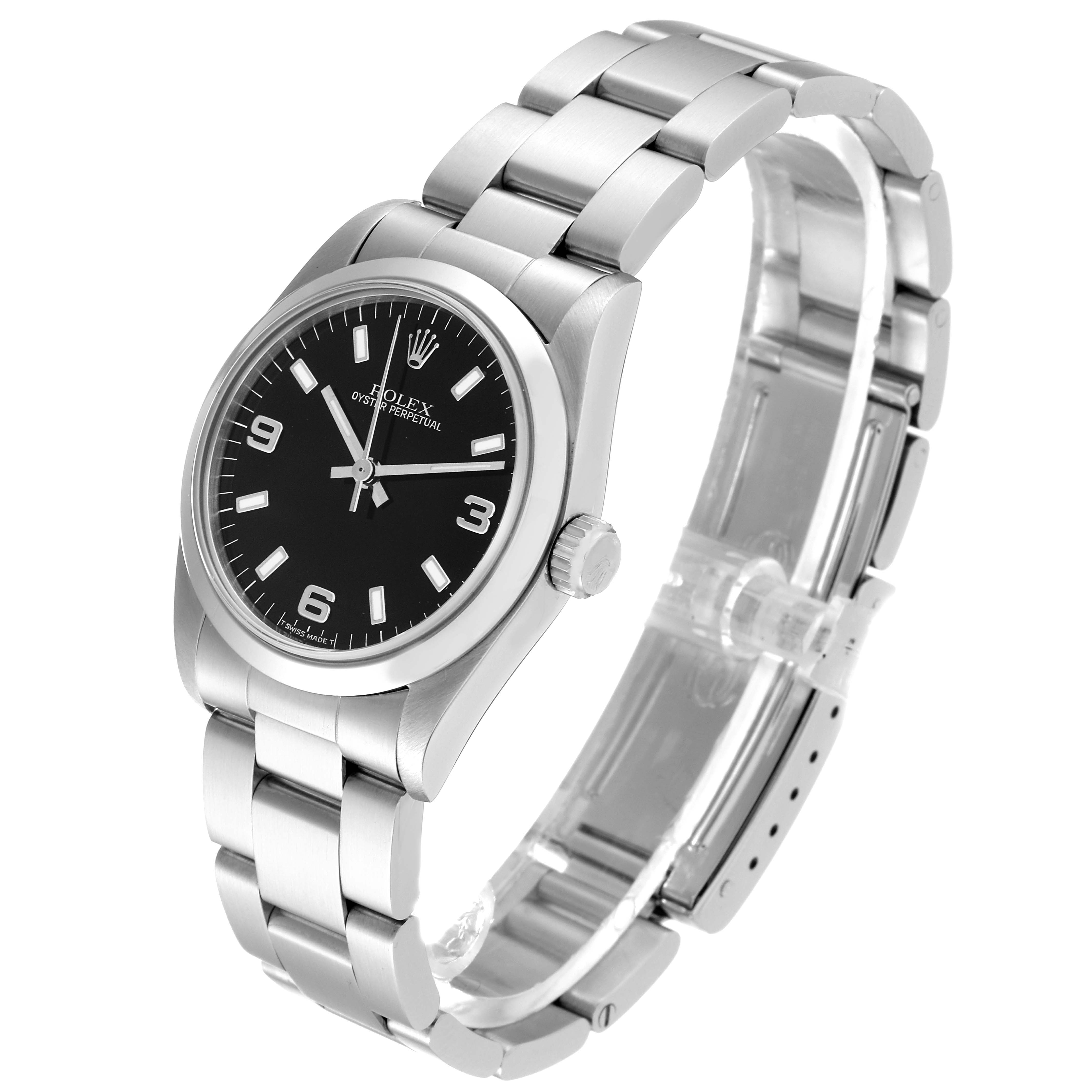 The image shows a side view of a Rolex Mid-Size 67480 Women's Stainless Steel Black Dial 67480 Women's Stainless Steel Black Dial model watch, displaying its black dial, metal case, and bracelet.