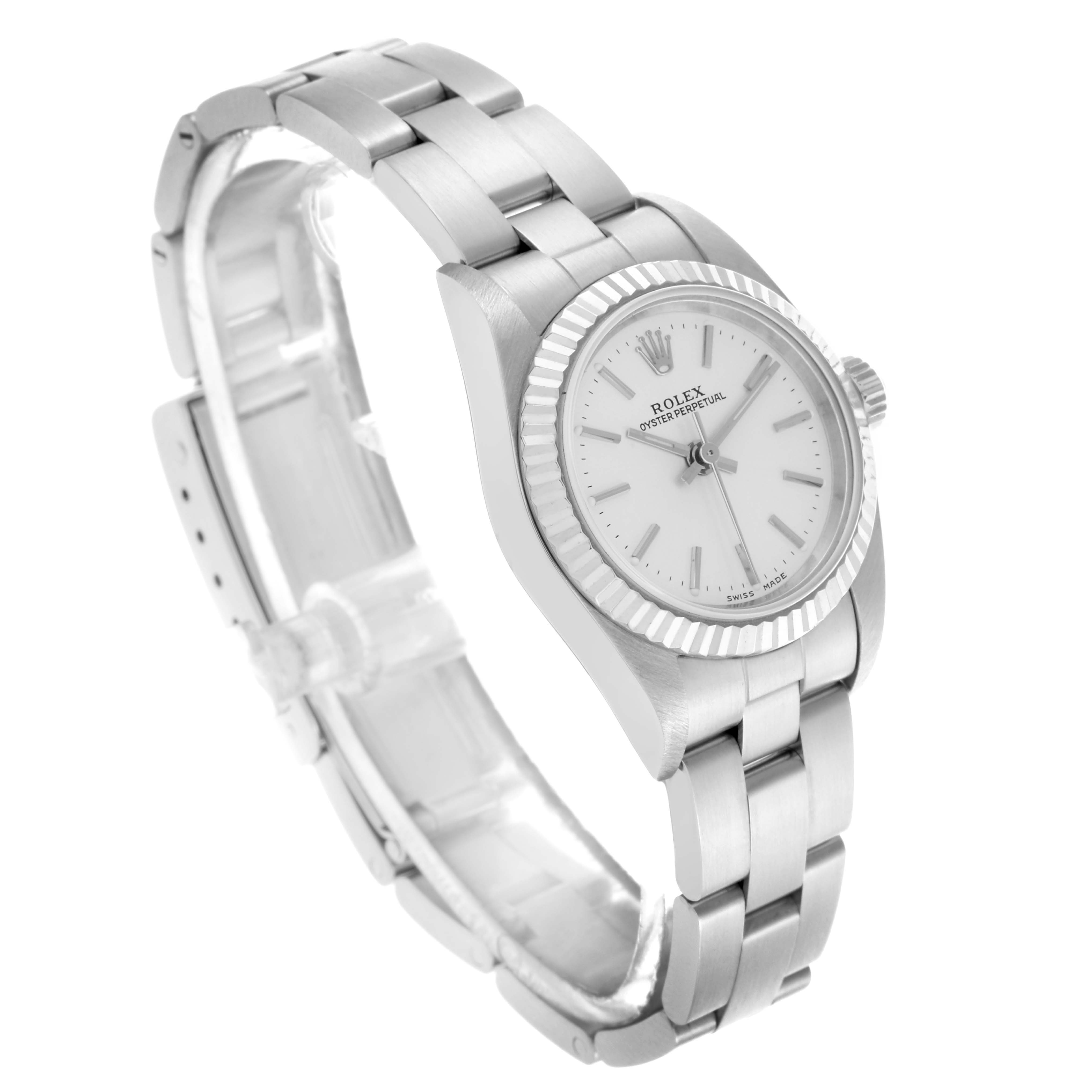 This Oyster Perpetual by Rolex is shown from an angled side view, highlighting the face, bezel, and bracelet.