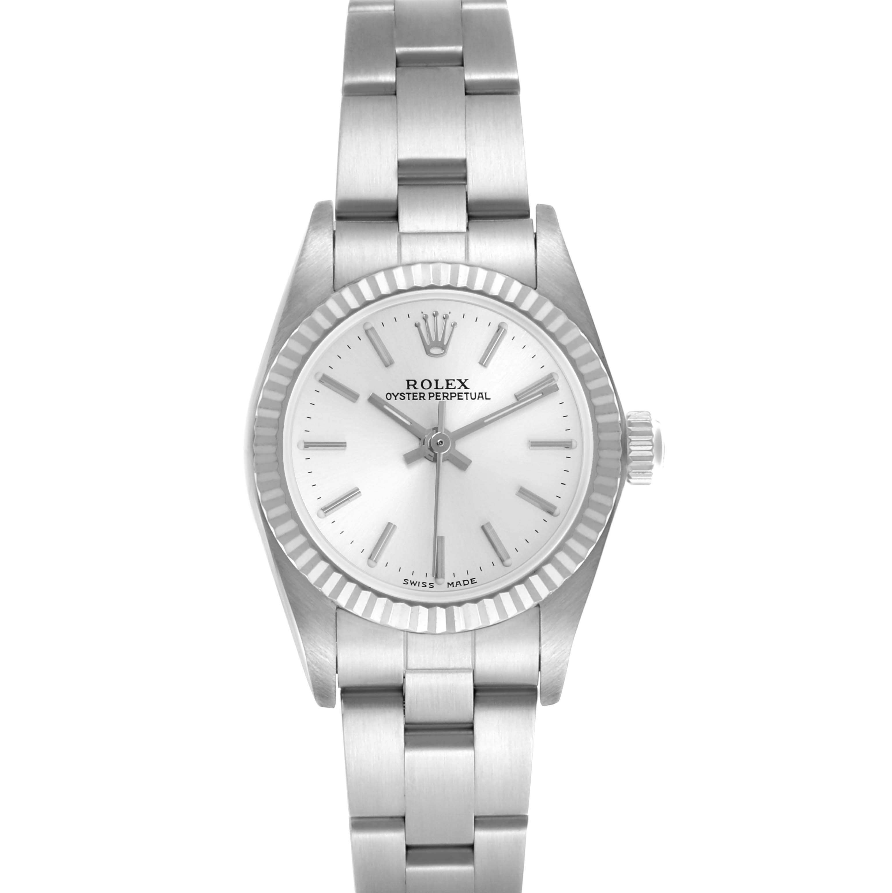 The Rolex Oyster Perpetual 76094 Women's Stainless Steel Silver Dial 76094 Women's Stainless Steel Silver Dial watch is shown from a top-down angle, highlighting the dial, bezel, and bracelet.