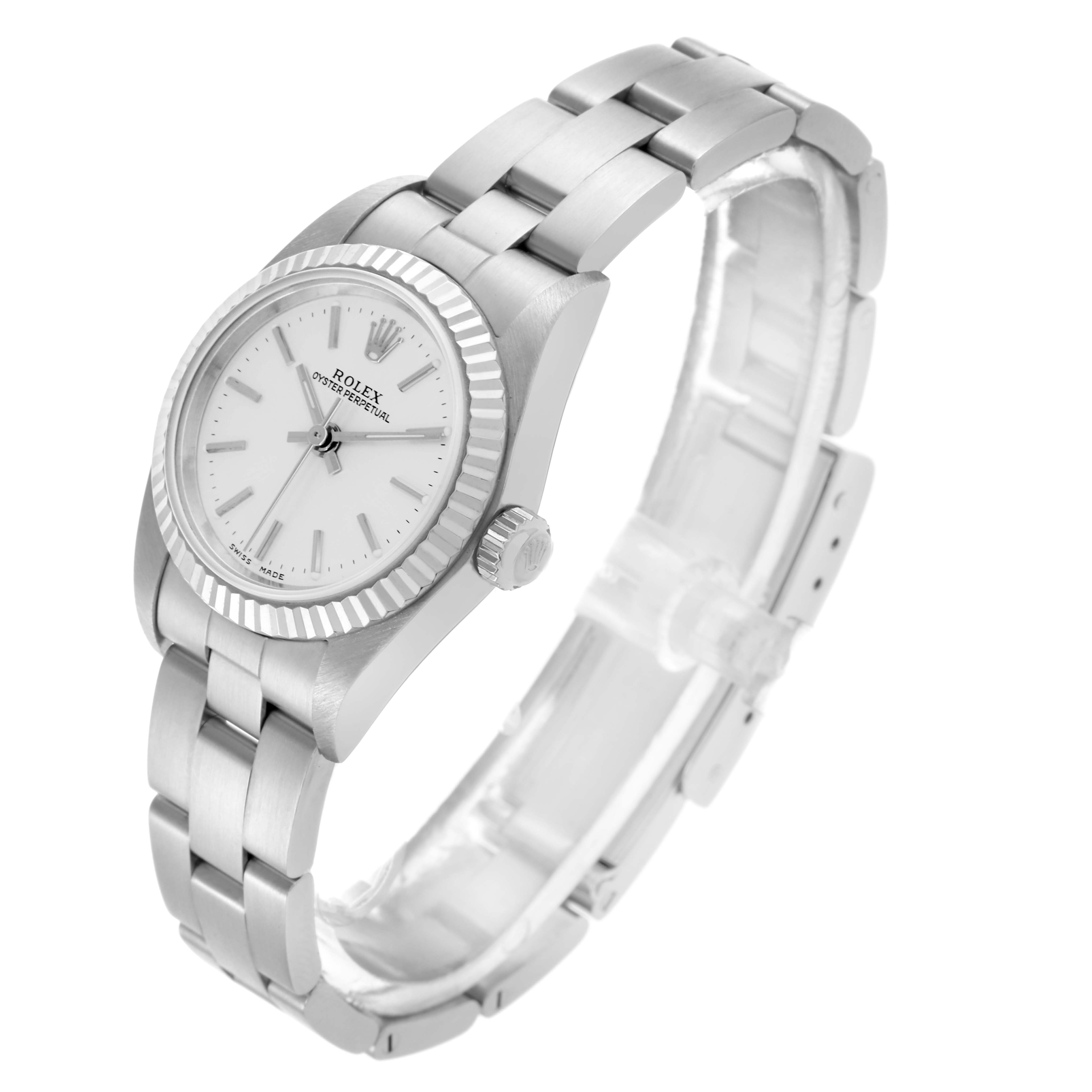 The Rolex Oyster Perpetual 76094 Women's Stainless Steel Silver Dial 76094 Women's Stainless Steel Silver Dial watch is angled to show the face, bezel, winding crown, and bracelet.