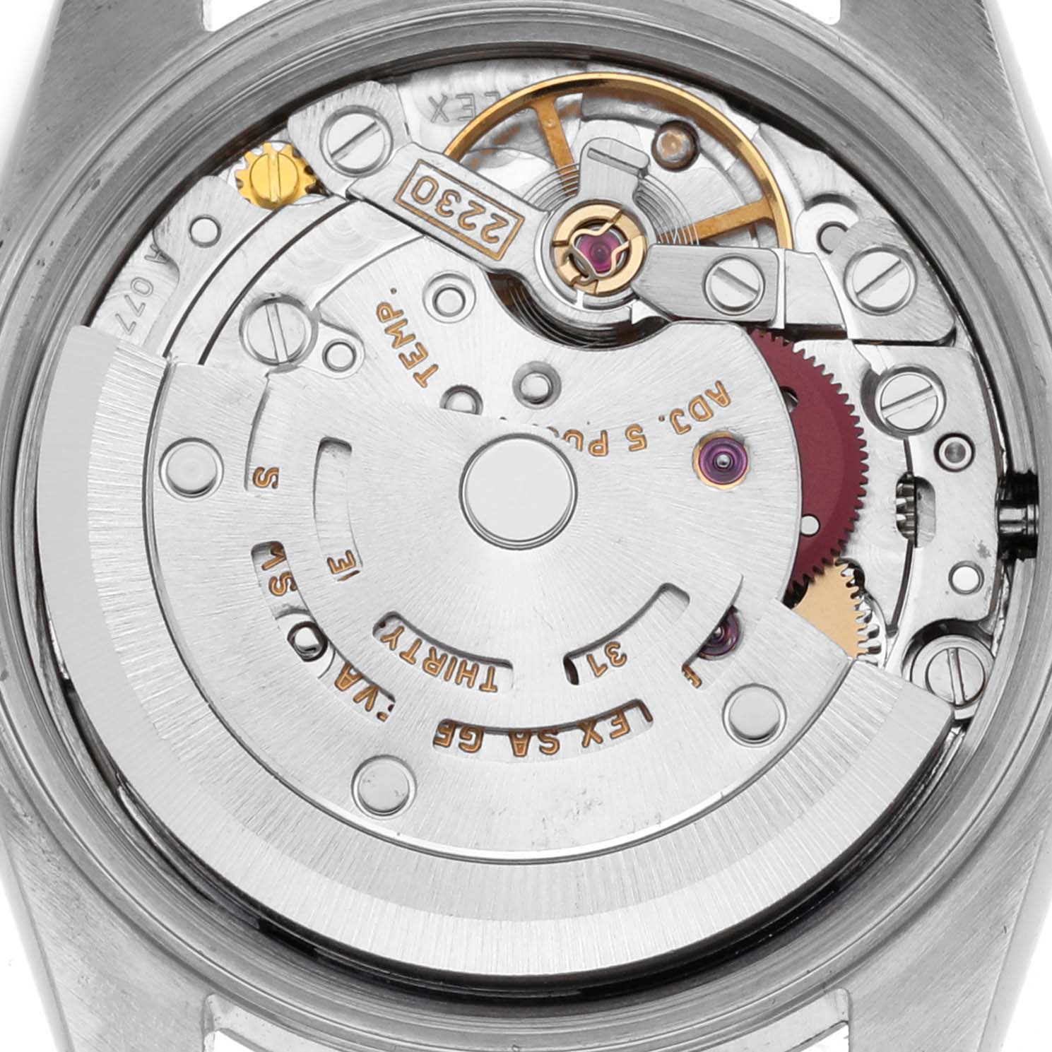 The image shows the movement of a Rolex Oyster Perpetual 76094 Women's Stainless Steel Silver Dial 76094 Women's Stainless Steel Silver Dial watch from the back, highlighting the rotor and gears.
