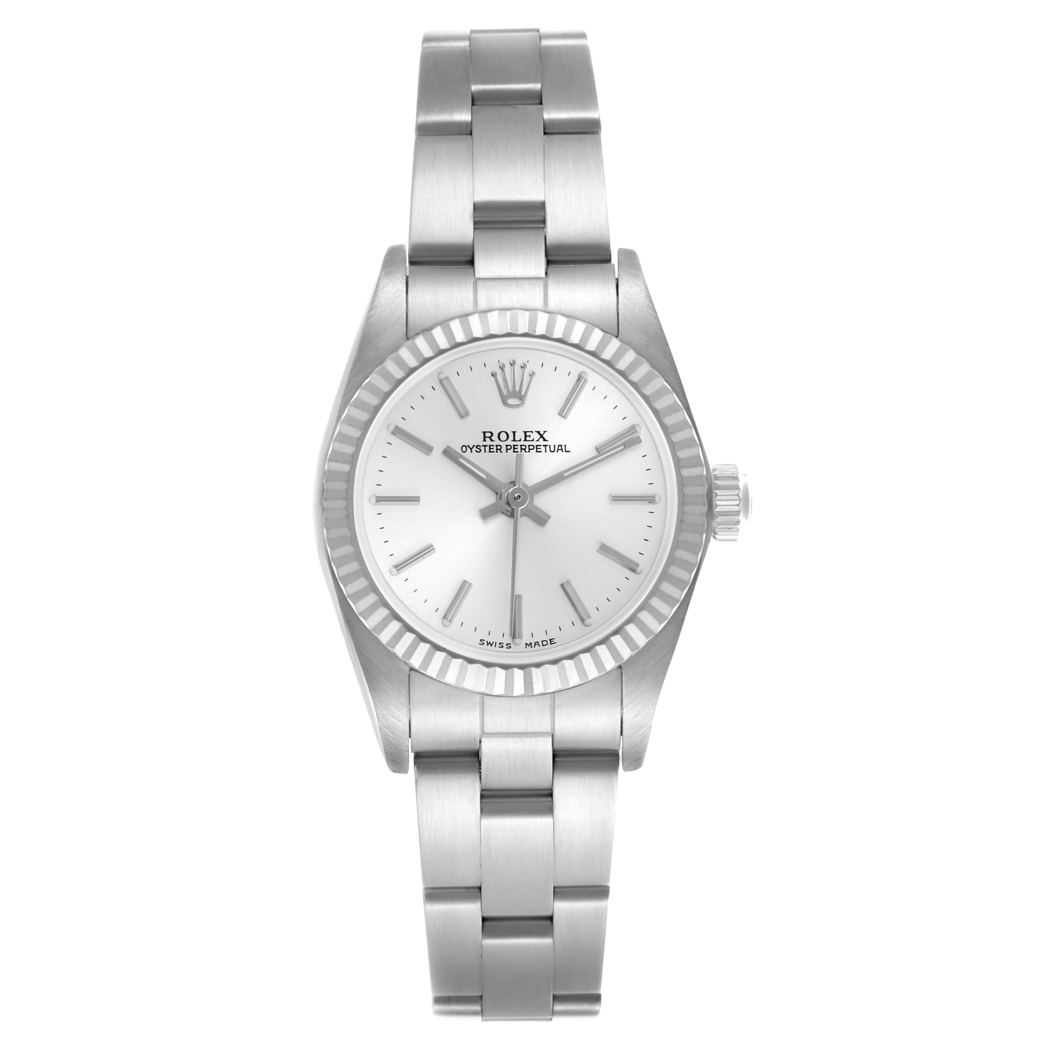 The Rolex Oyster Perpetual 76094 Women's Stainless Steel Silver Dial 76094 Women's Stainless Steel Silver Dial watch is shown from the front, displaying the full face, bezel, and bracelet.