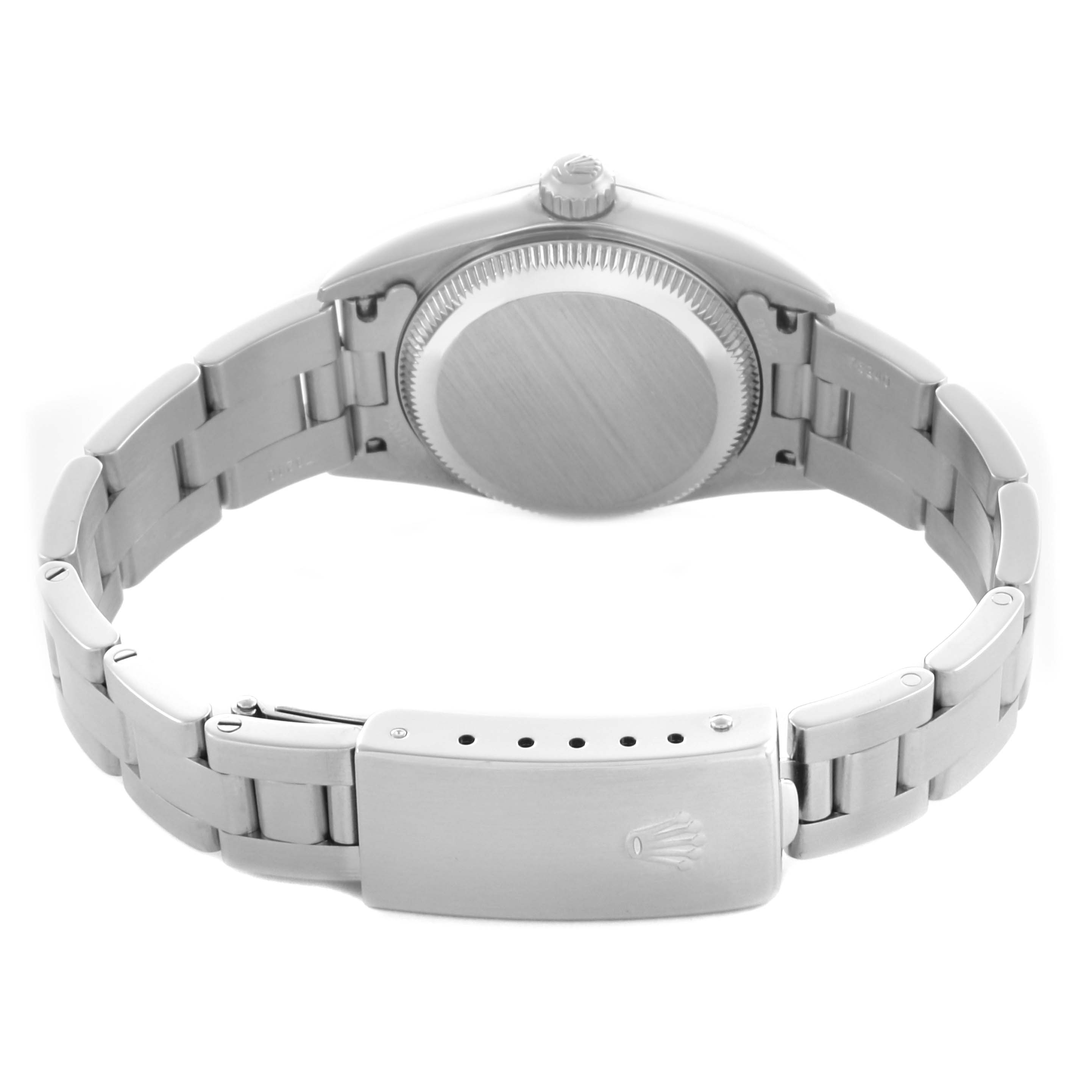The image shows the back view of a Rolex Oyster Perpetual 76094 Women's Stainless Steel Silver Dial 76094 Women's Stainless Steel Silver Dial watch, highlighting the clasp, bracelet, and case back.
