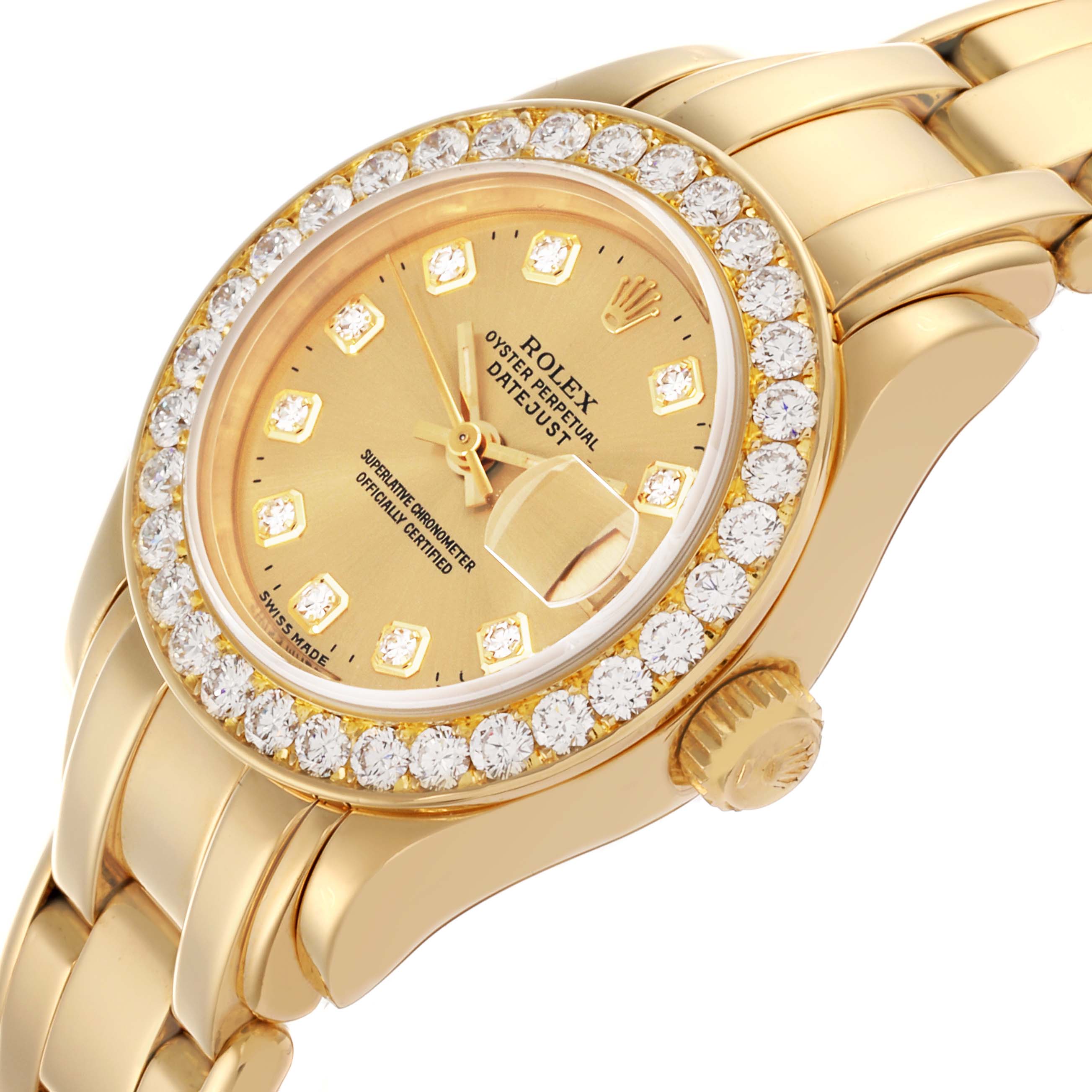 The Rolex Pearlmaster 69298 Women's Yellow Gold Champagne Dial 69298 Women's Yellow Gold Champagne Dial watch is angled to show its diamond bezel, gold bracelet, crown, and face with date display.