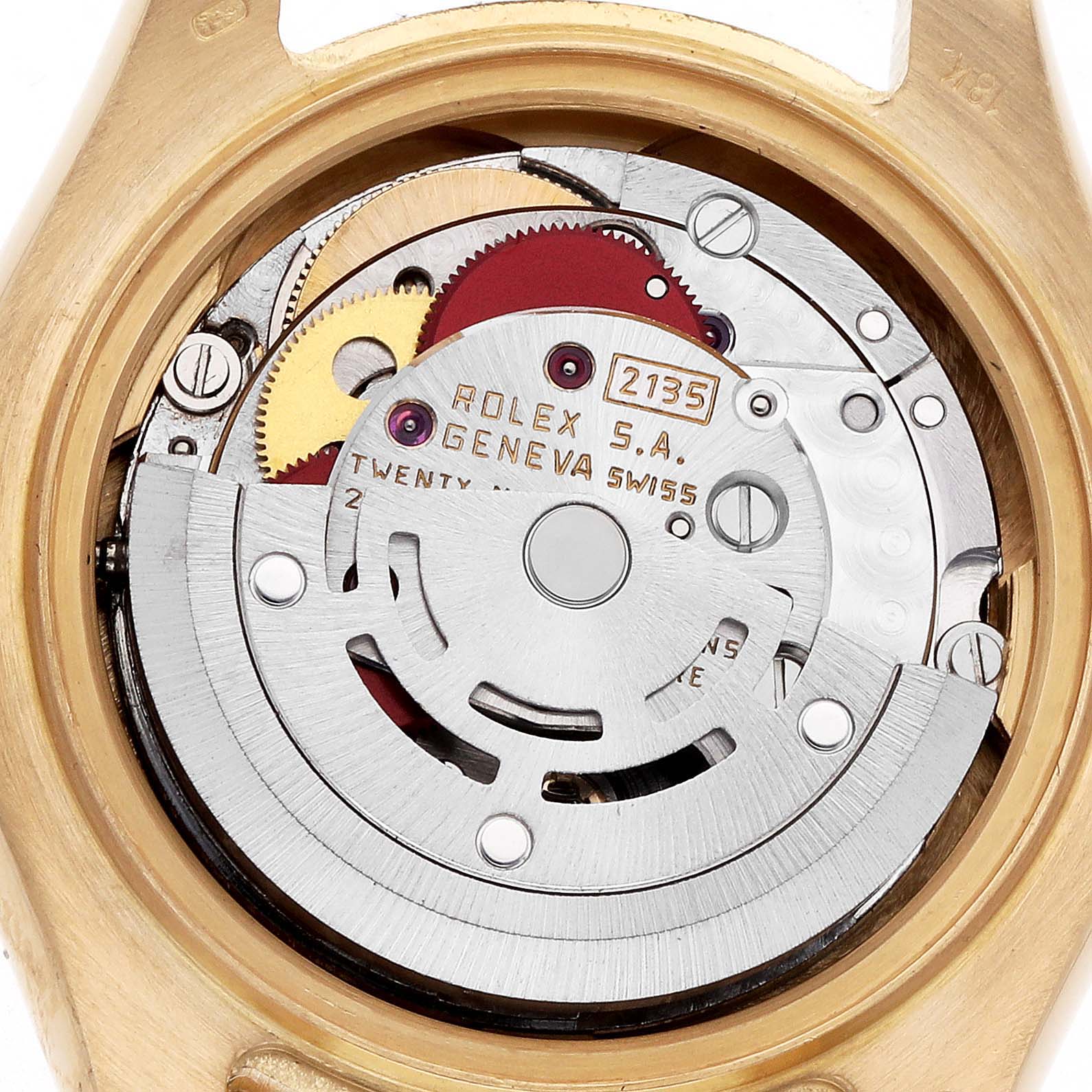 The image shows the back view of a Rolex Pearlmaster 69298 Women's Yellow Gold Champagne Dial 69298 Women's Yellow Gold Champagne Dial, highlighting its internal movement components.