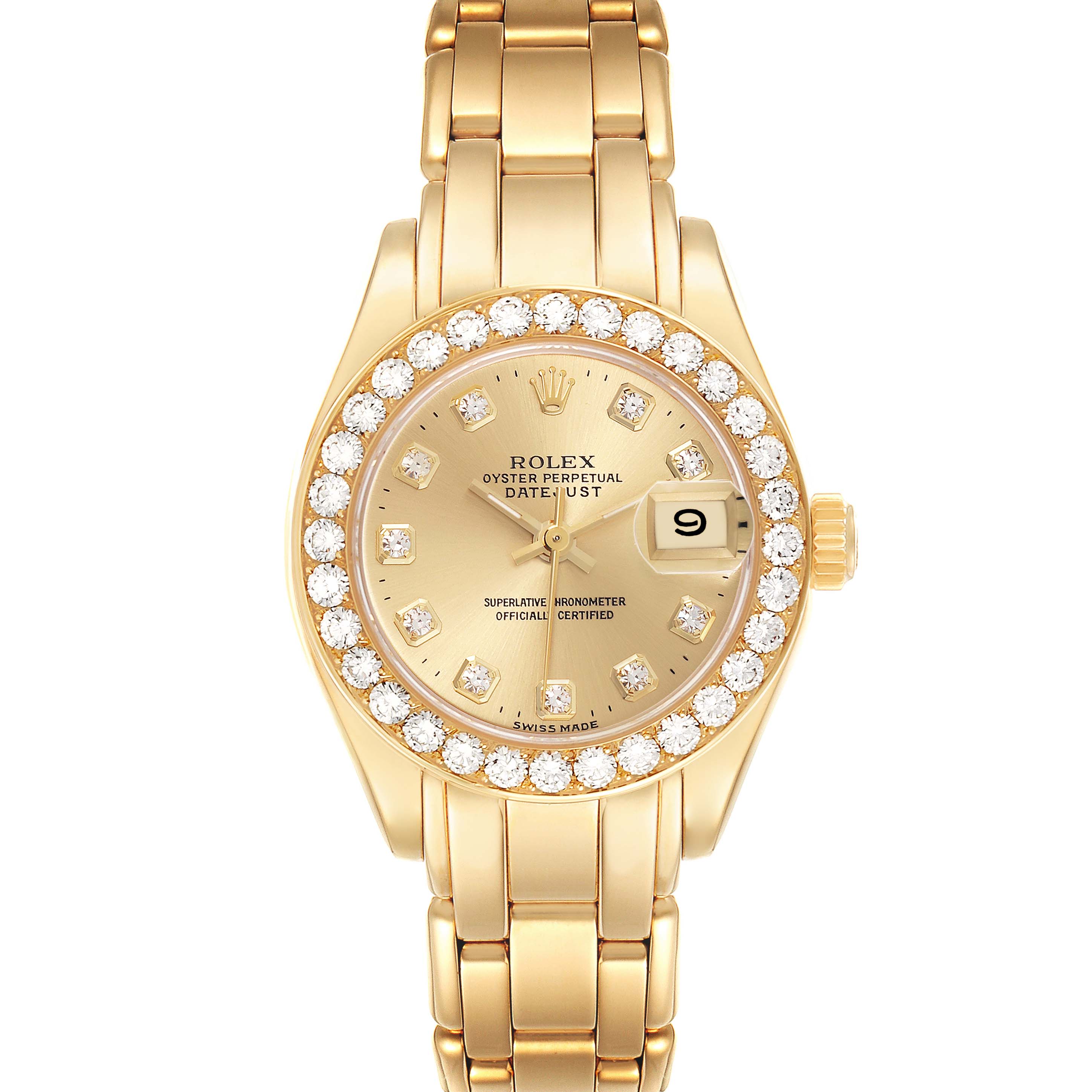 The Rolex Pearlmaster 69298 Women's Yellow Gold Champagne Dial 69298 Women's Yellow Gold Champagne Dial watch is shown from a frontal angle, displaying the full face, bezel, and part of the bracelet.