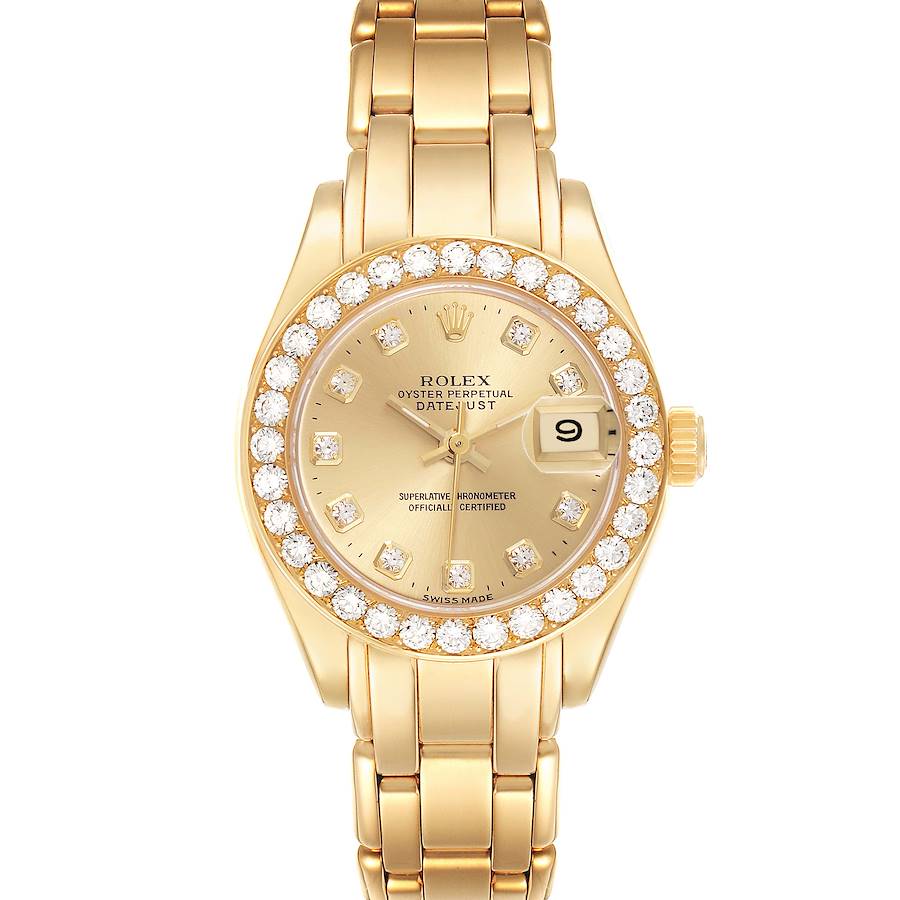 The Rolex Pearlmaster watch is shown from a frontal angle, displaying the full face, bezel, and part of the bracelet.