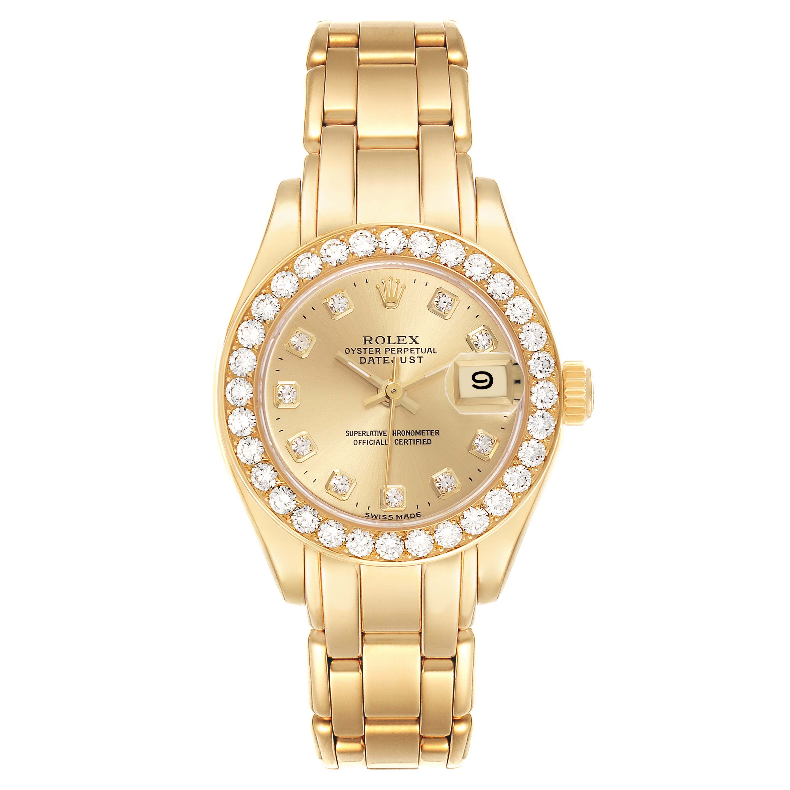 The Rolex Pearlmaster 69298 Women's Yellow Gold Champagne Dial 69298 Women's Yellow Gold Champagne Dial watch is shown from the front, displaying the dial, bezel, and bracelet.