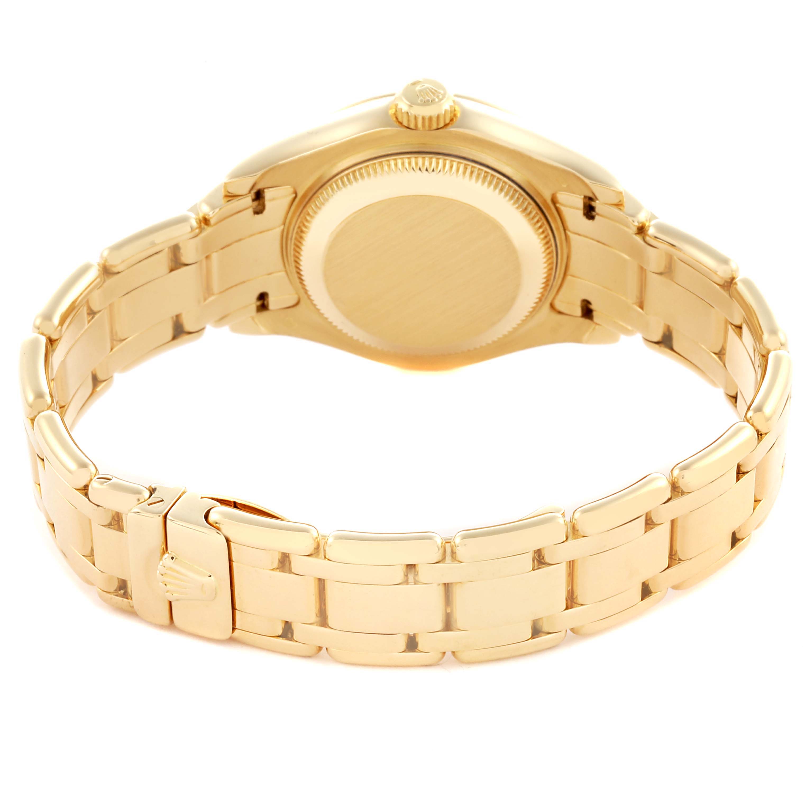 The image shows the back and bracelet of a Rolex Pearlmaster 69298 Women's Yellow Gold Champagne Dial 69298 Women's Yellow Gold Champagne Dial watch from a rear angle.