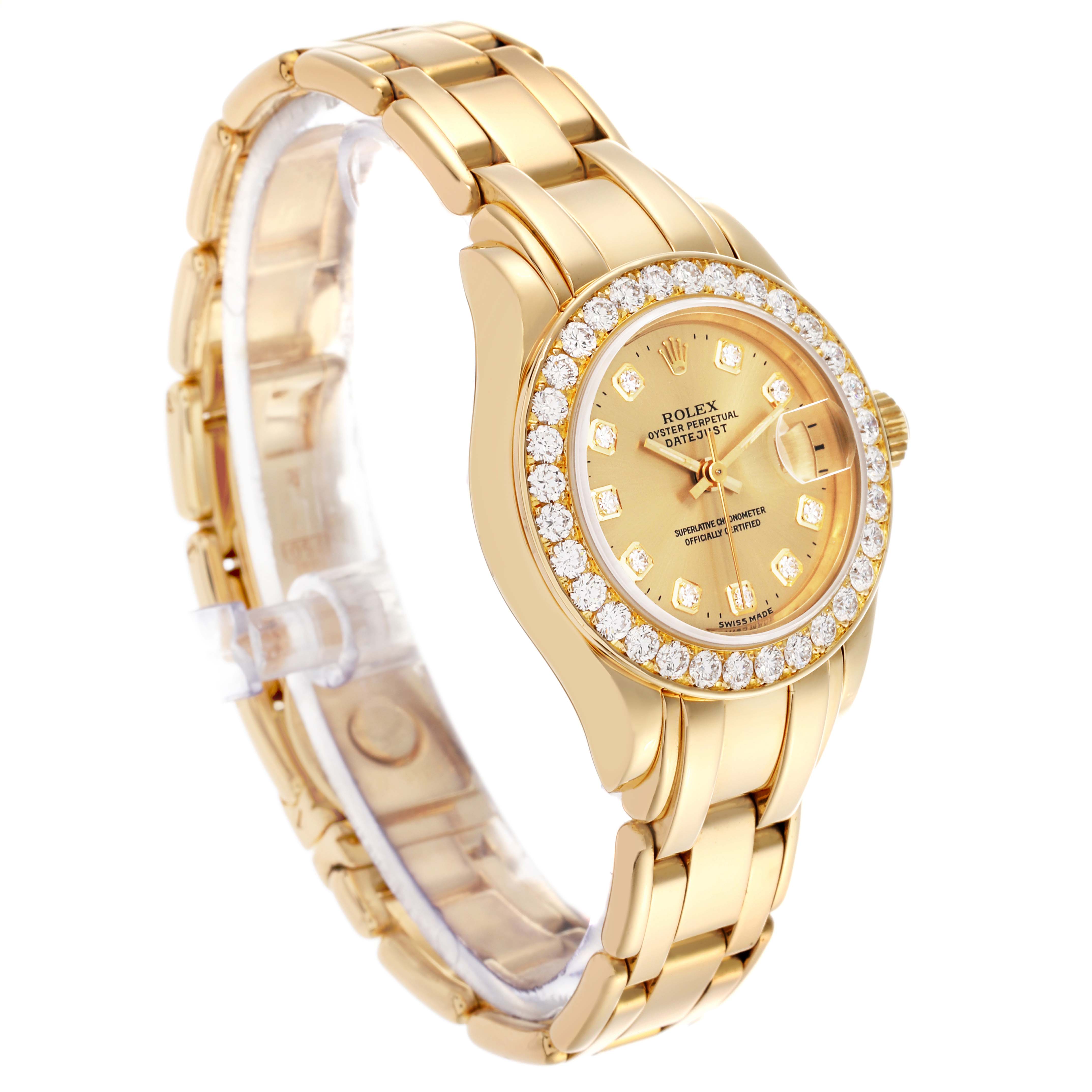 The Rolex Pearlmaster 69298 Women's Yellow Gold Champagne Dial 69298 Women's Yellow Gold Champagne Dial watch is shown at a three-quarter angle, highlighting the gold bracelet, diamond bezel, and dial.