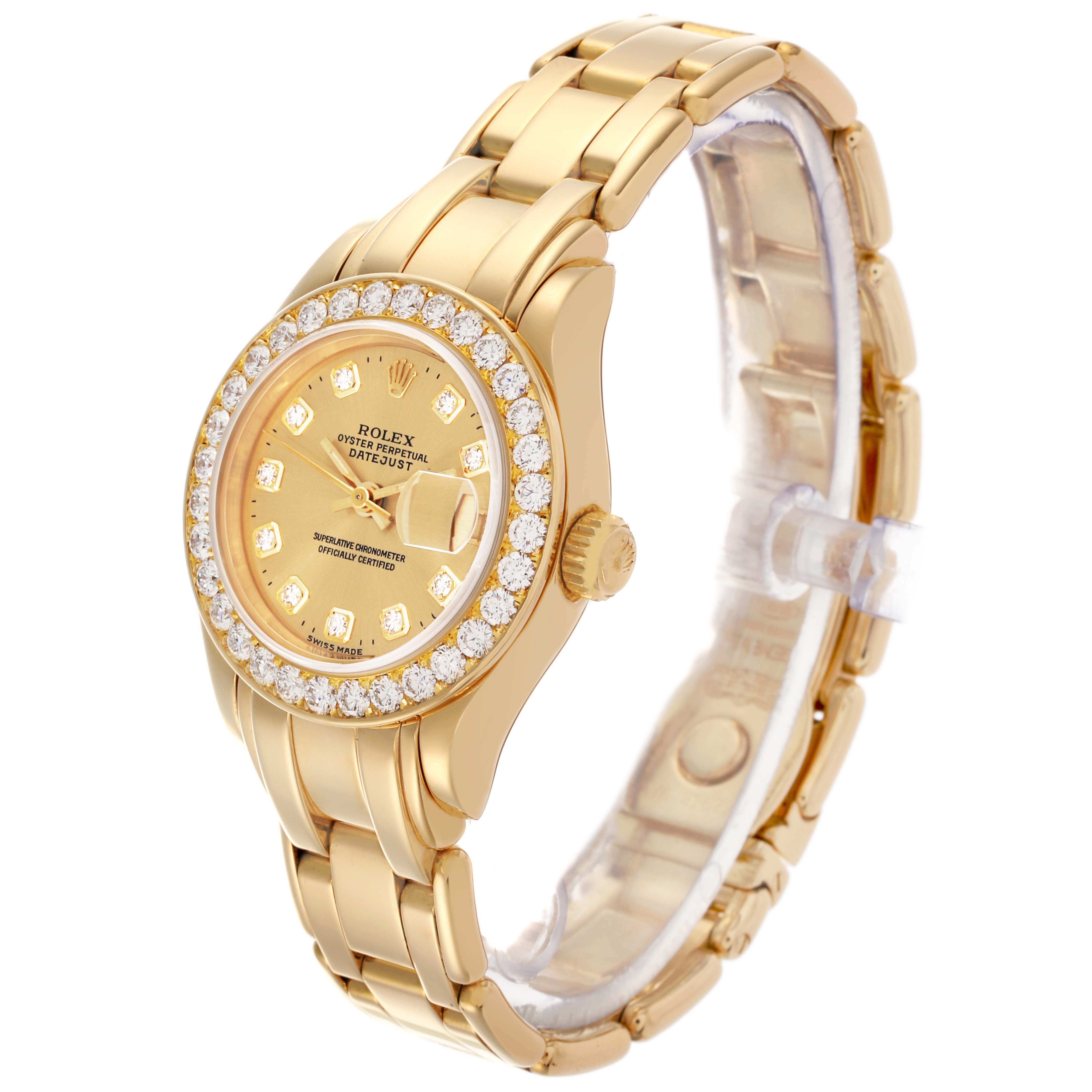 The Rolex Pearlmaster 69298 Women's Yellow Gold Champagne Dial 69298 Women's Yellow Gold Champagne Dial watch is shown at a three-quarter angle, highlighting its gold case, diamond bezel, and bracelet.