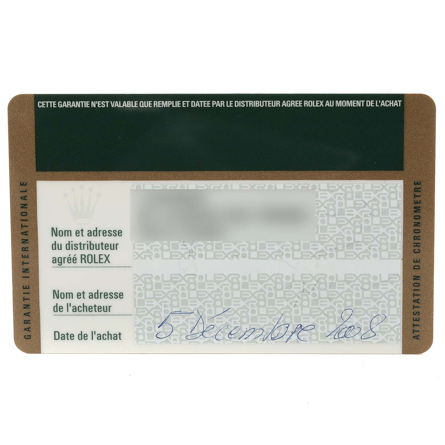 The image shows an international warranty card for a Rolex Pearlmaster 80318 Women's Yellow Gold White Dial 80318 Women's Yellow Gold White Dial watch, featuring purchase details and authorization.