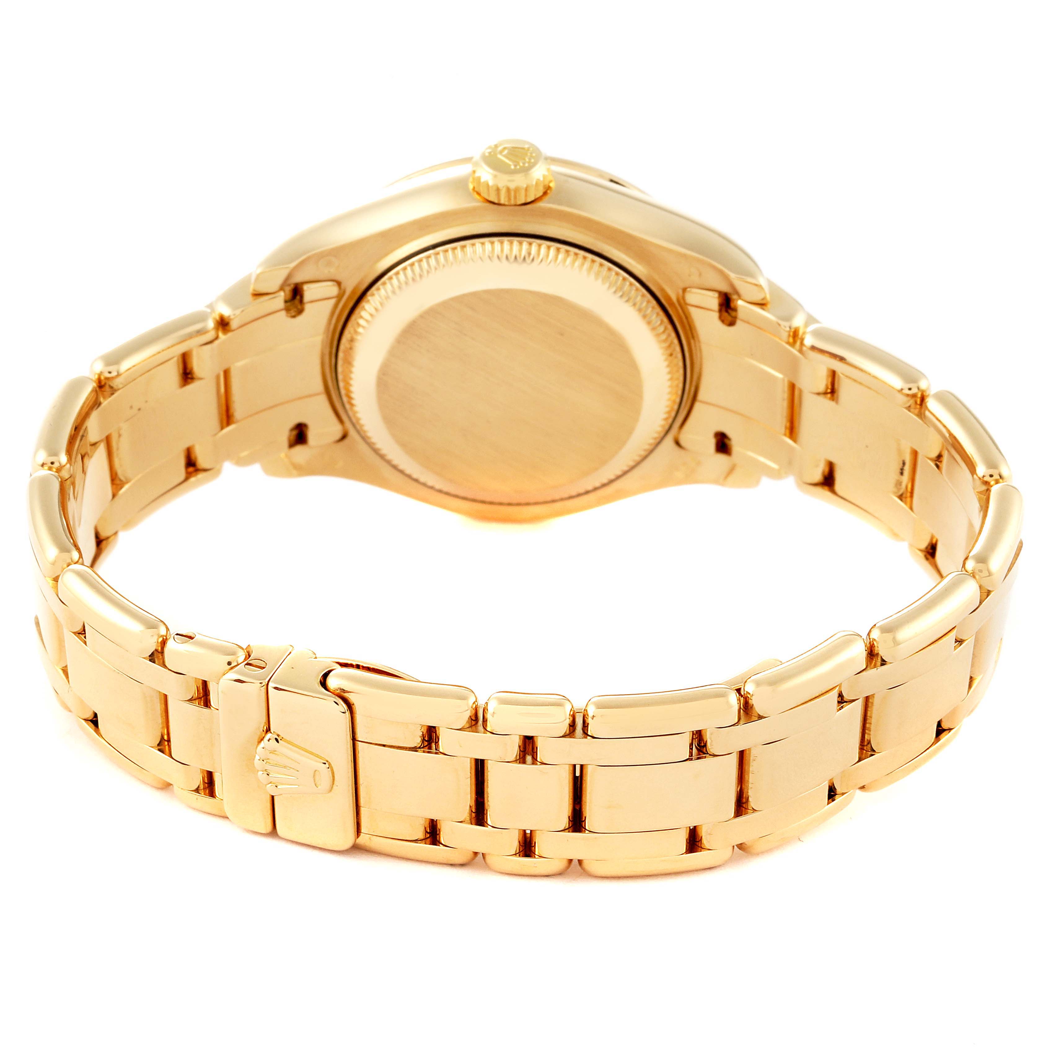 This image shows the rear view of a Rolex Pearlmaster 80318 Women's Yellow Gold White Dial 80318 Women's Yellow Gold White Dial watch, highlighting the clasp, bracelet, and case back.