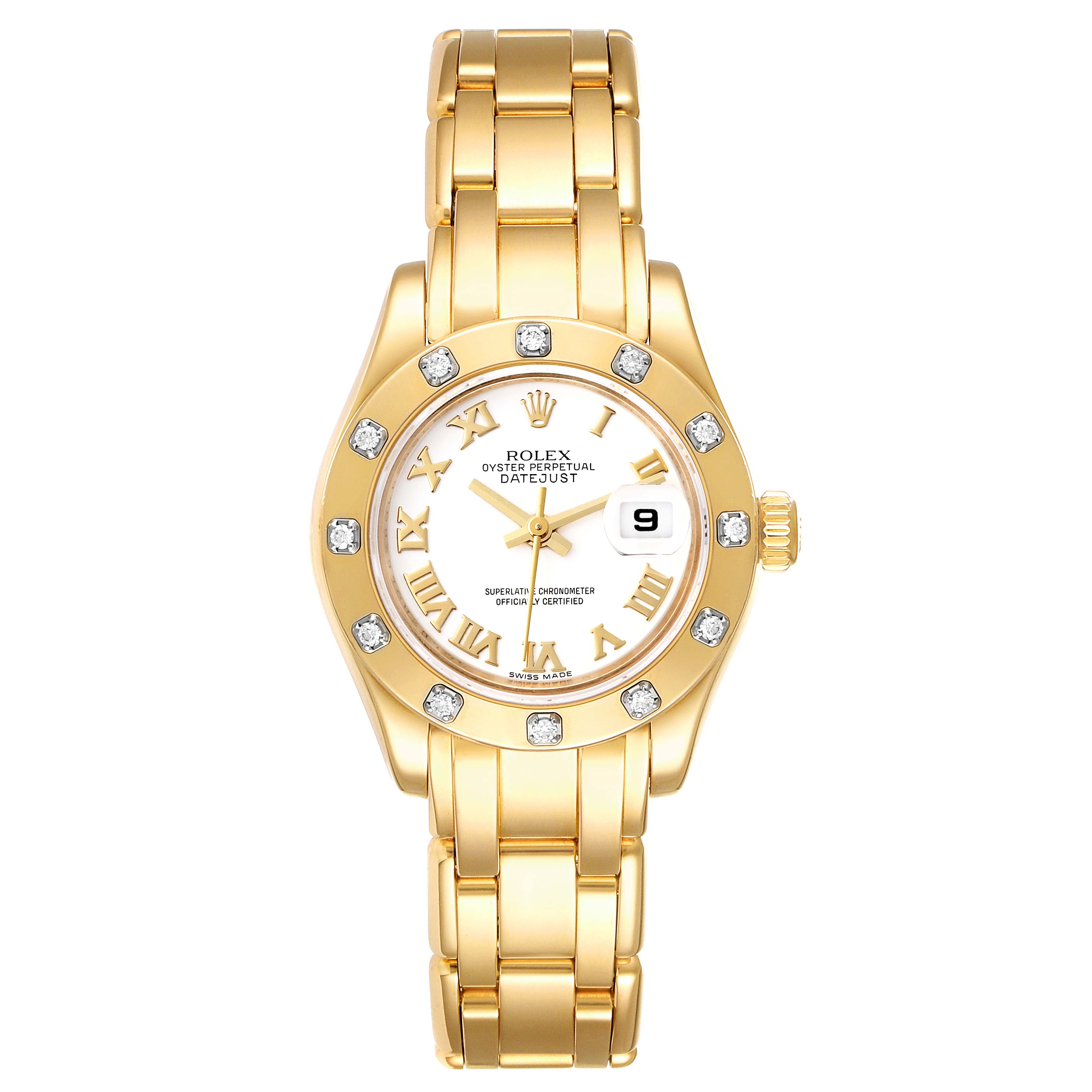 The image shows a front view of a Rolex Pearlmaster 80318 Women's Yellow Gold White Dial 80318 Women's Yellow Gold White Dial watch, displaying its gold bracelet, diamond bezel, and white dial with gold Roman numerals.
