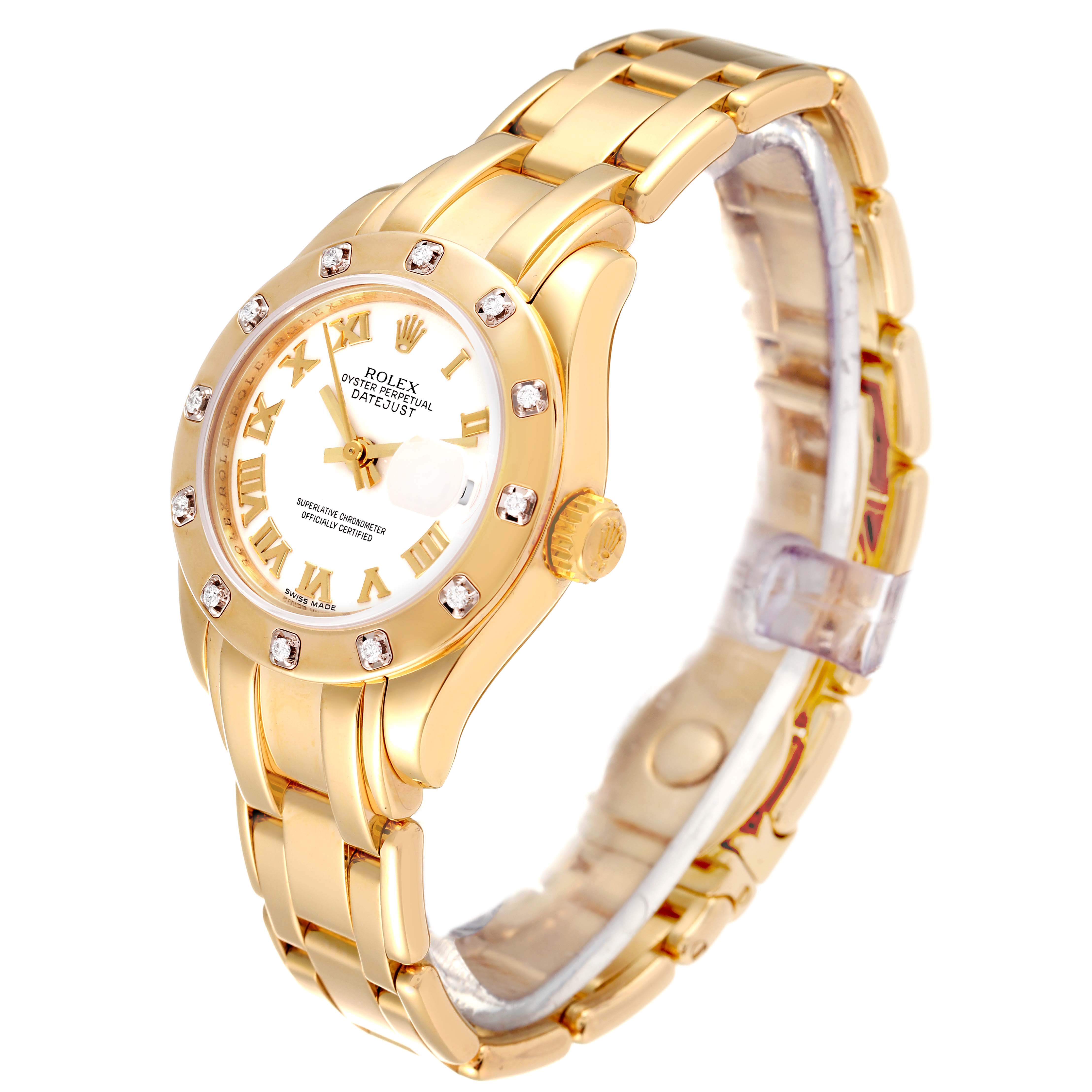 The image shows a Rolex Pearlmaster 80318 Women's Yellow Gold White Dial 80318 Women's Yellow Gold White Dial watch at a slight angle, highlighting the band, bezel, crown, and part of the dial.