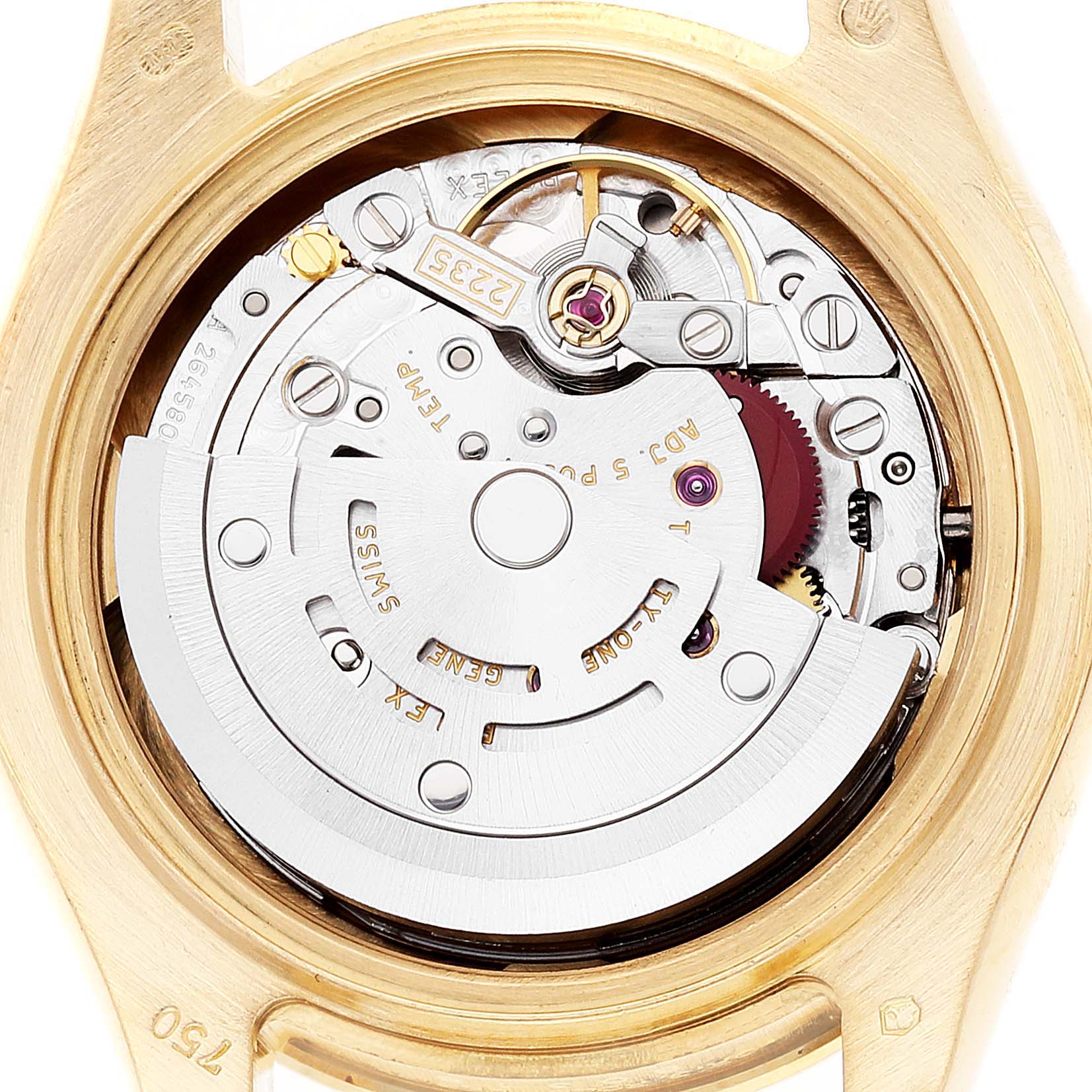 The image shows the internal mechanical movement of the Rolex Pearlmaster 80318 Women's Yellow Gold White Dial 80318 Women's Yellow Gold White Dial watch, viewed from the back with the case removed.