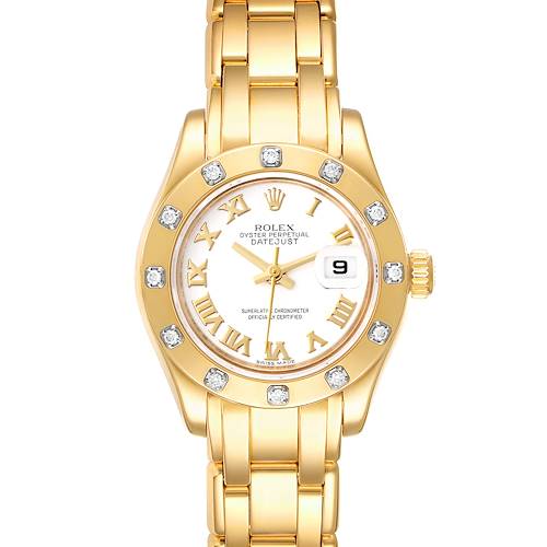 Photo of Rolex Pearlmaster Yellow Gold White Dial Diamond Ladies Watch 80318 Box Card