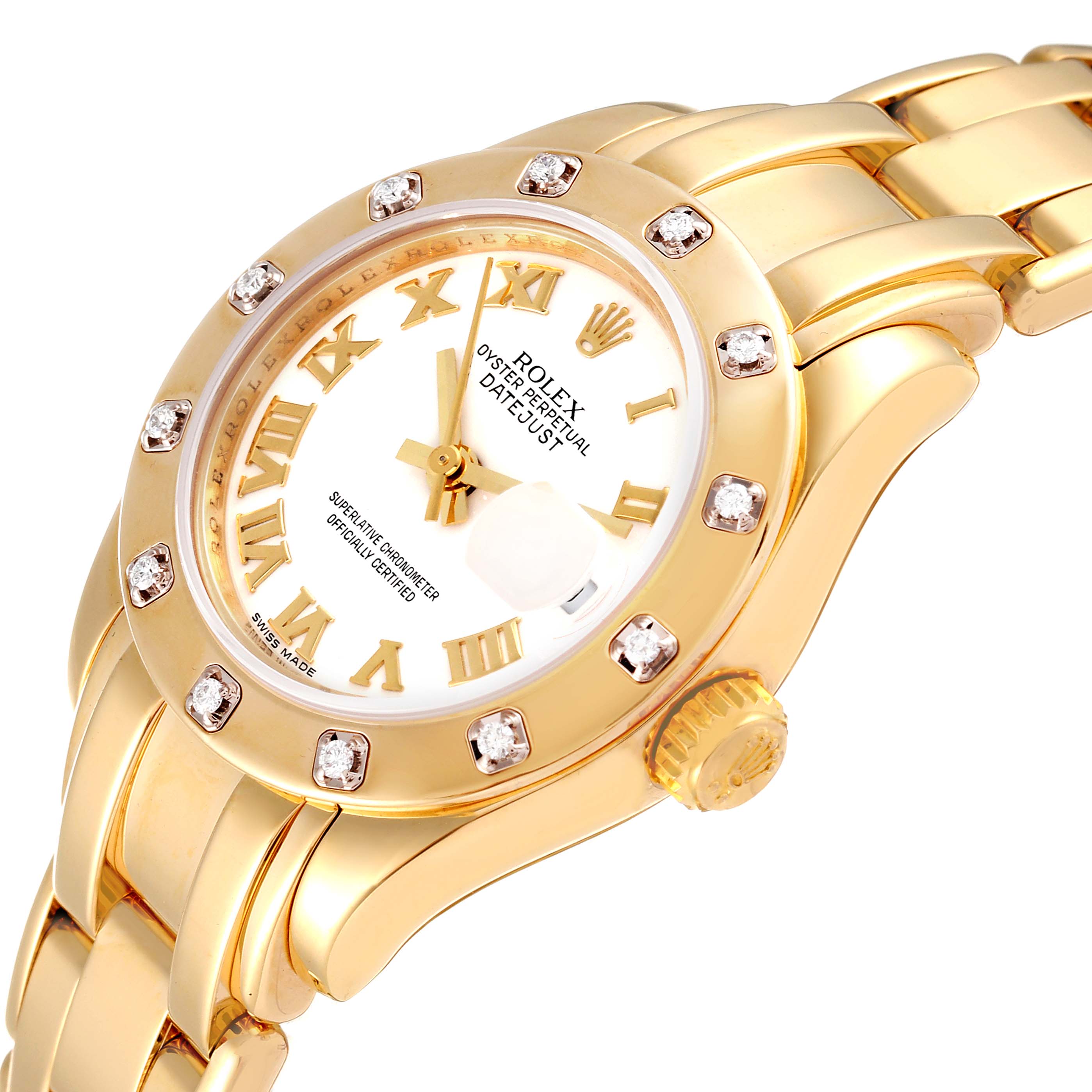 The image shows a Rolex Pearlmaster 80318 Women's Yellow Gold White Dial 80318 Women's Yellow Gold White Dial watch from a tilted angle, highlighting the face, bezel with diamonds, crown, and part of the bracelet.