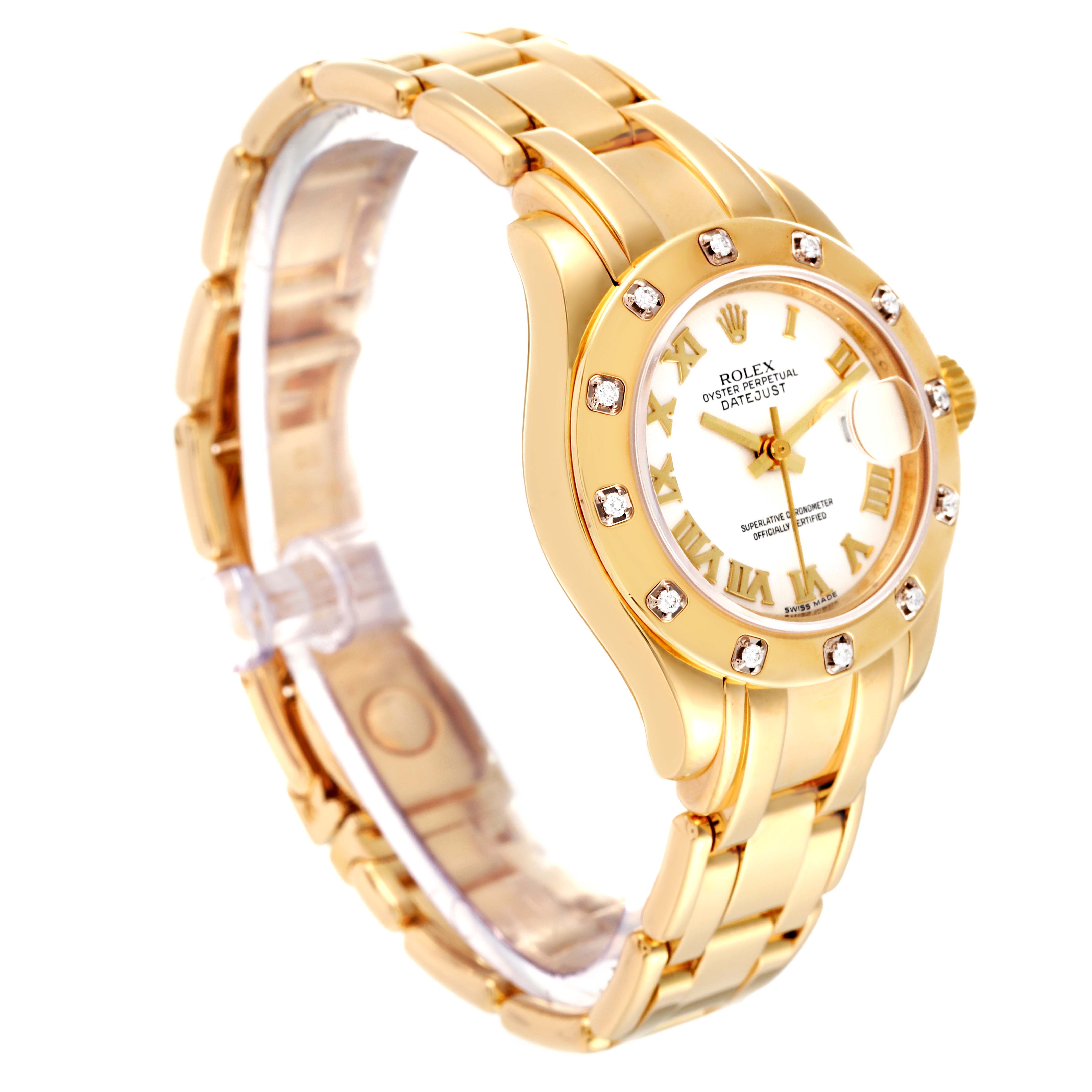 The Rolex Pearlmaster 80318 Women's Yellow Gold White Dial 80318 Women's Yellow Gold White Dial watch is shown in a side angle, displaying the dial, bracelet, and bezel studded with diamonds.