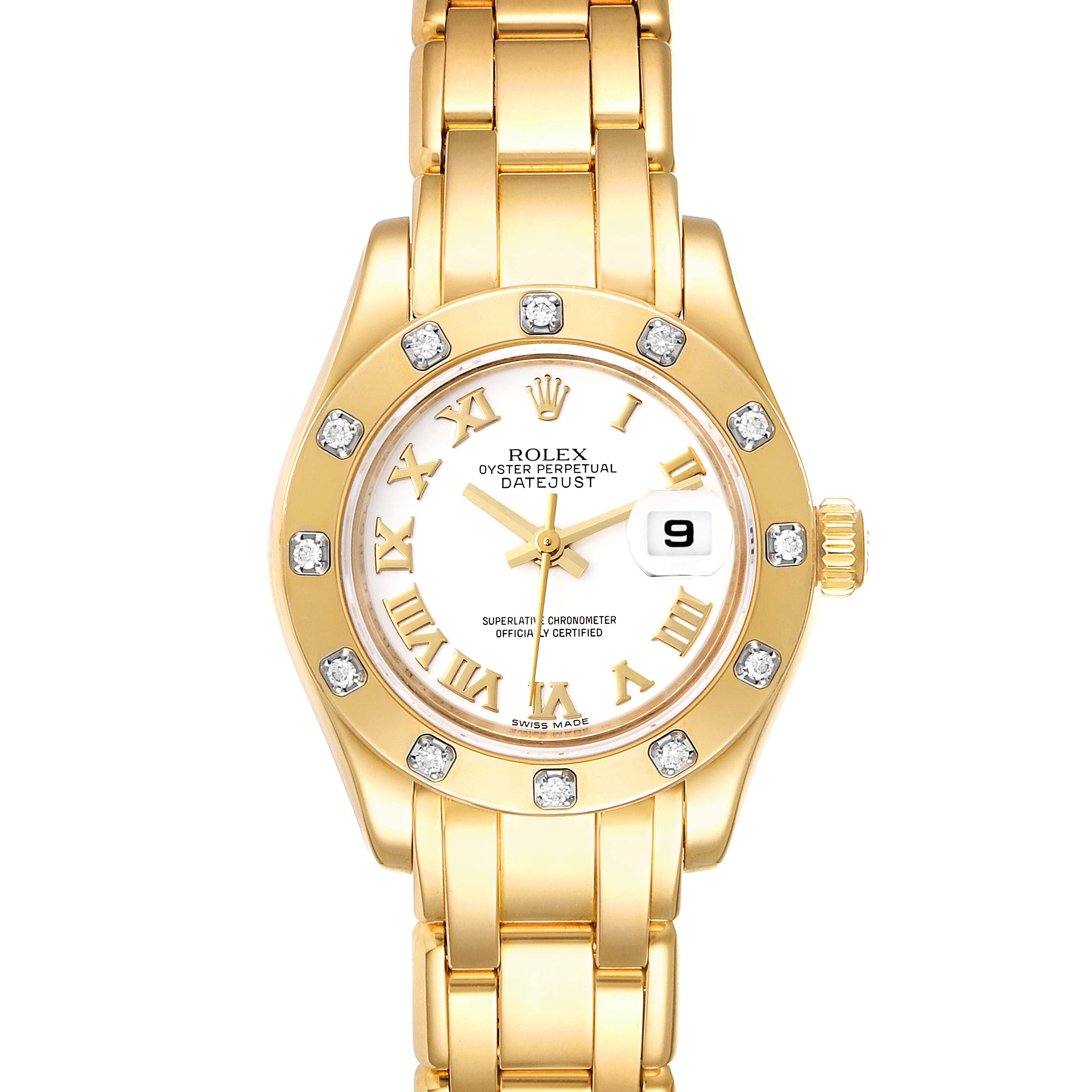 This image shows a Rolex Pearlmaster 80318 Women's Yellow Gold White Dial 80318 Women's Yellow Gold White Dial watch from a front angle, displaying the dial, bezel with diamonds, and part of the bracelet.