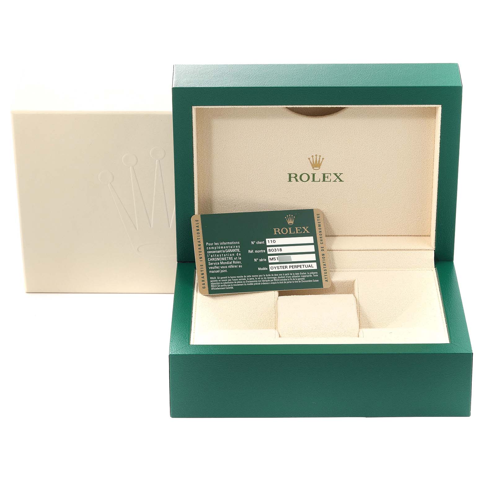 The image shows an open green Rolex presentation box for the Pearlmaster model, displaying a green and white warranty card inside.