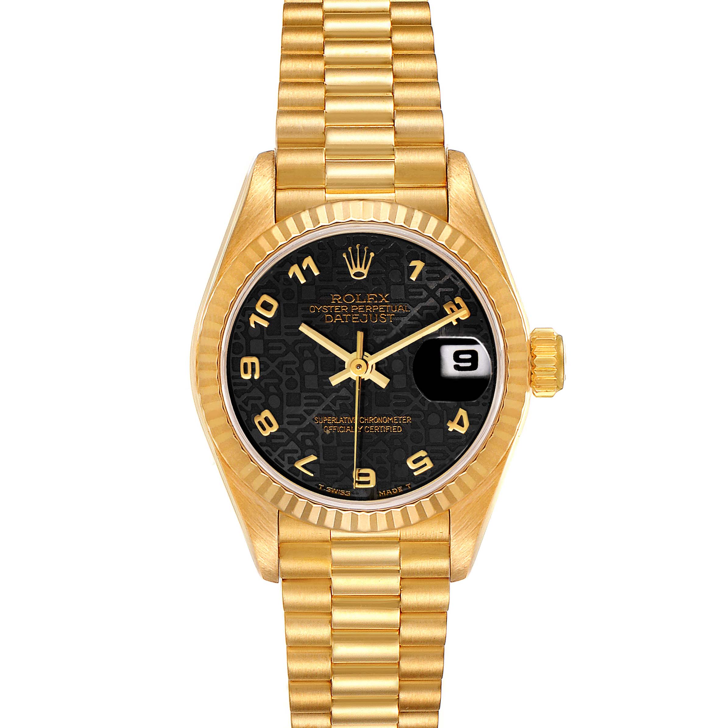 The Rolex President 69178 Women's Yellow Gold Black Dial 69178 Women's Yellow Gold Black Dial model watch is shown from the front, displaying the face, bezel, crown, and part of the bracelet.