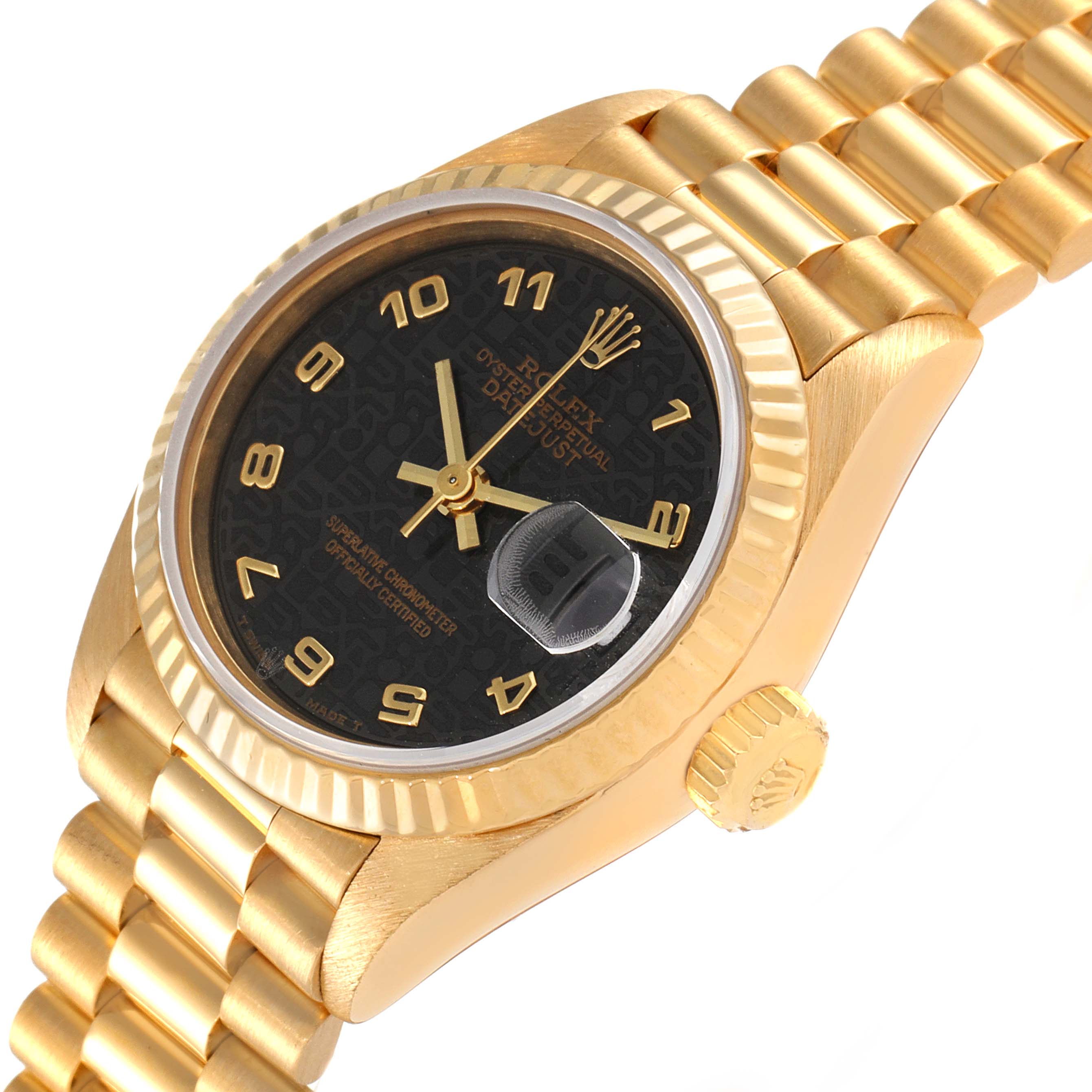 The image shows a yellow gold Rolex President 69178 Women's Yellow Gold Black Dial 69178 Women's Yellow Gold Black Dial model watch, highlighting the black dial, fluted bezel, and partially visible bracelet.