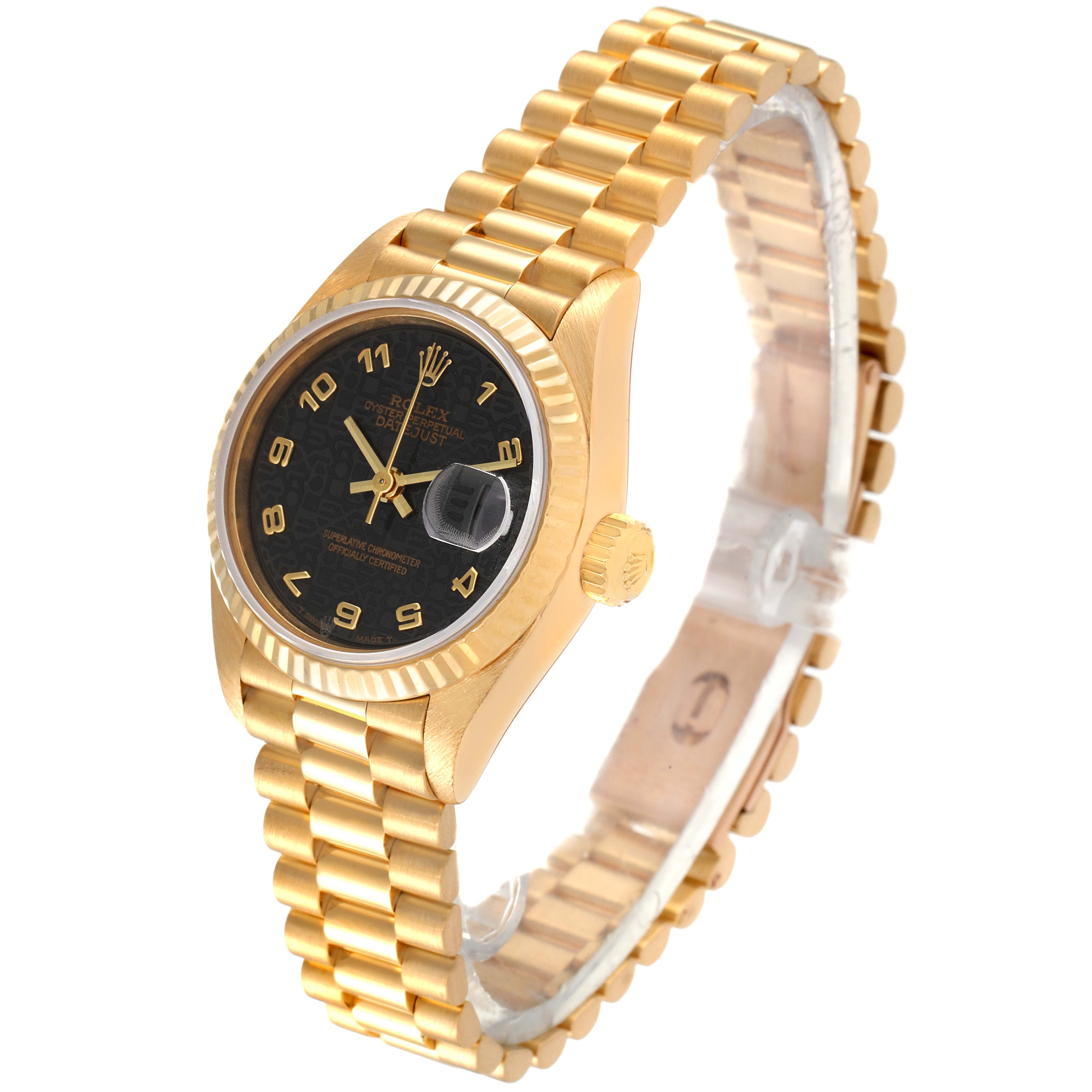 The Rolex President 69178 Women's Yellow Gold Black Dial 69178 Women's Yellow Gold Black Dial model watch is shown at a tilted angle, displaying the black dial, gold bezel, bracelet, and the date window.