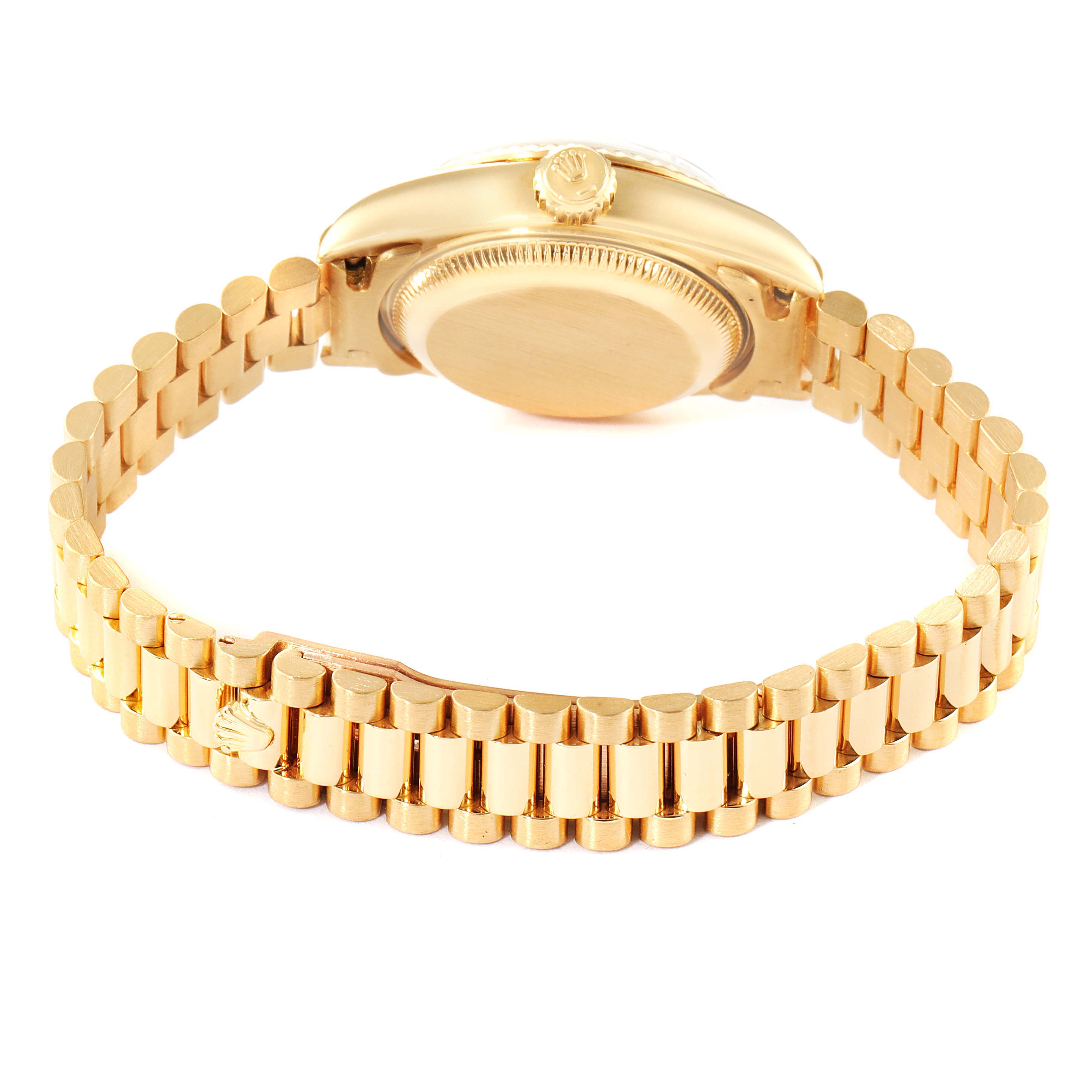 The image shows the back and side view of a Rolex President 69178 Women's Yellow Gold Black Dial 69178 Women's Yellow Gold Black Dial model watch, highlighting its gold case and bracelet.